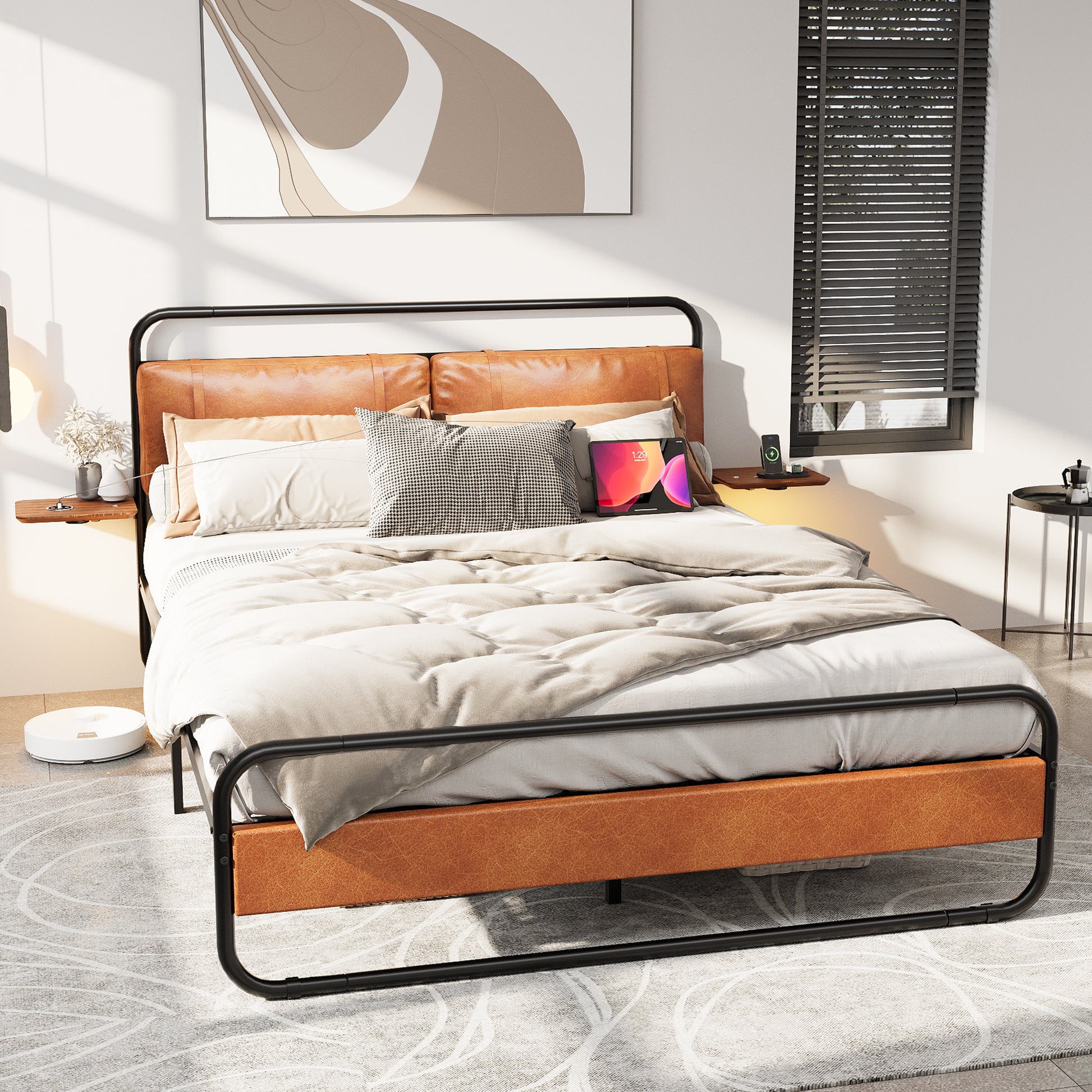 Queen Size Metal Bed Frame With Upholstered Headboard, With Wireless Charging And Usb A & Usb C, Touch Led Light,Oval Shaped Platform Bed With Under Bed Storage, No Box Spring Needed, Vintage Brown Box Spring Not Required Queen Antique Brown Metal