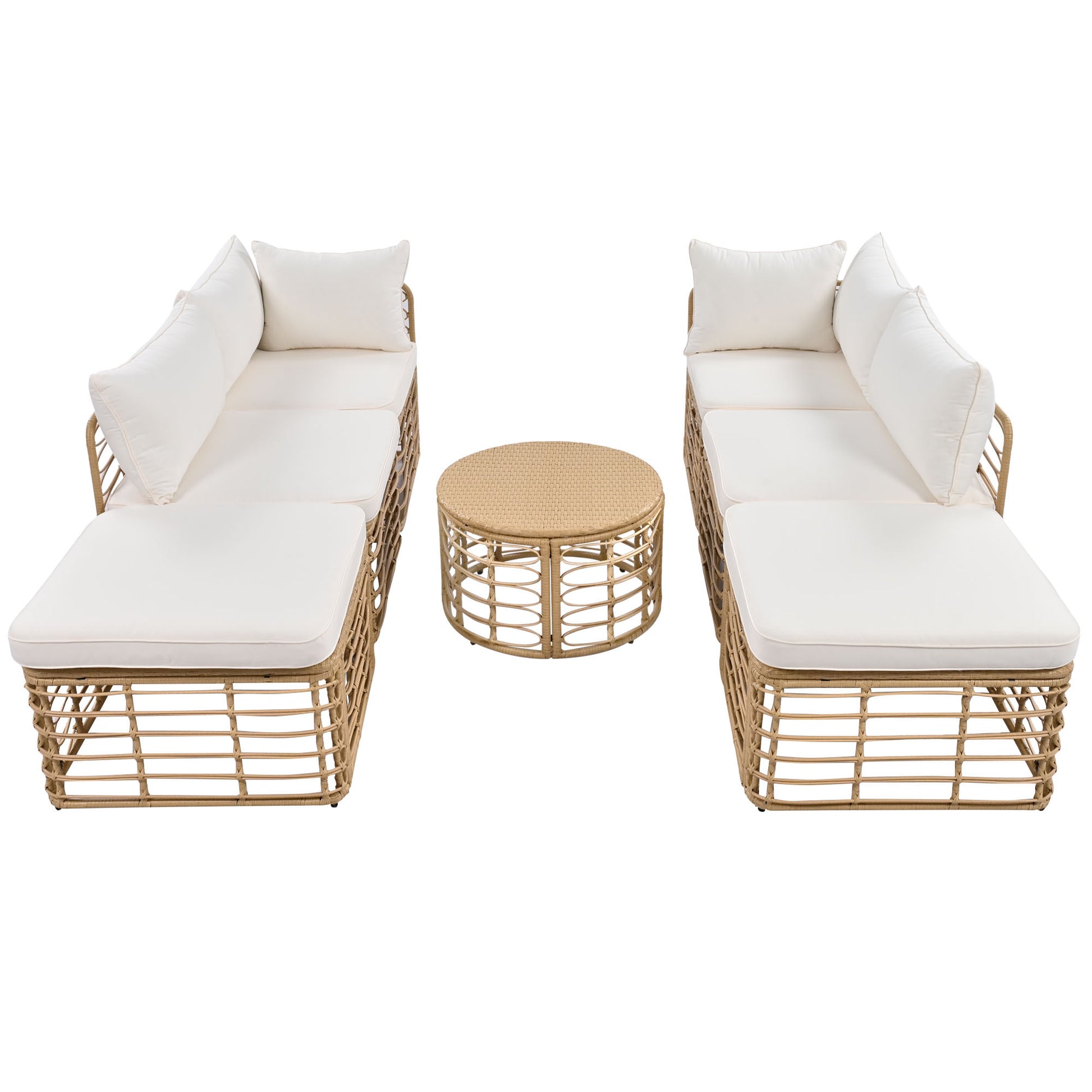7 Pieces Outdoor Patio Furniture, All Weather Rattan Sectional Sofa Set With Thick Cushions And Pillows, Freely Combined Conversation Sets For Garden, Backyard, Balcony, Beige Yes Complete Patio Set Beige Seats 6 Garden & Outdoor Complete Patio Sets Foam