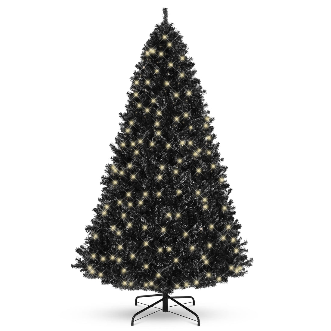 7.5Ft Pre Lit Black Christmas Tree, Full Halloween Xmas Artificial Tree 1716 Branch Tips, 500 Lights, Metal Hinges, Foldable Base, Holiday Decoration Black Black Polyethylene