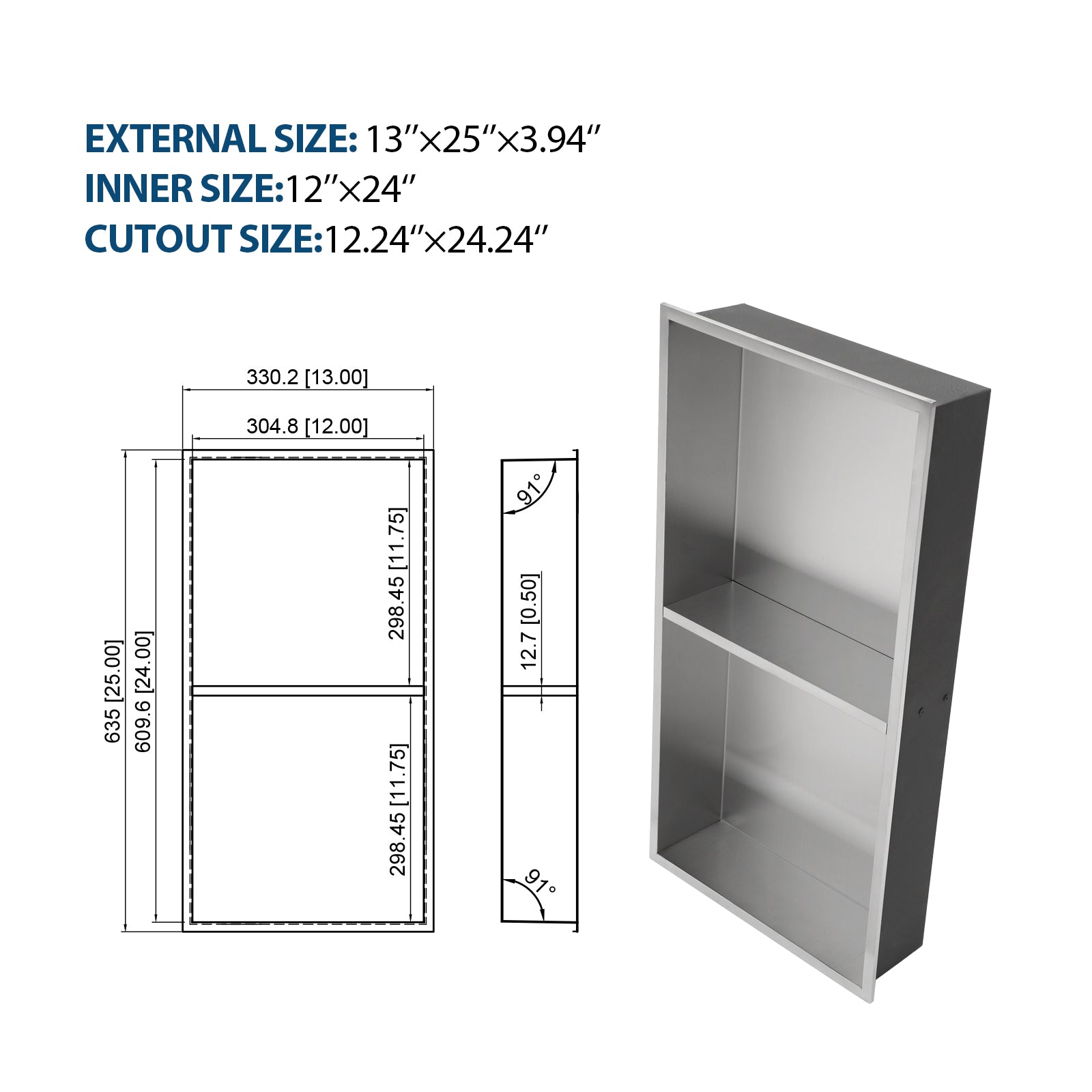 13" X 25" Stainless Steel Shower Niche Double Shelf, Brushed Nickel Brushed Nickel Stainless Steel