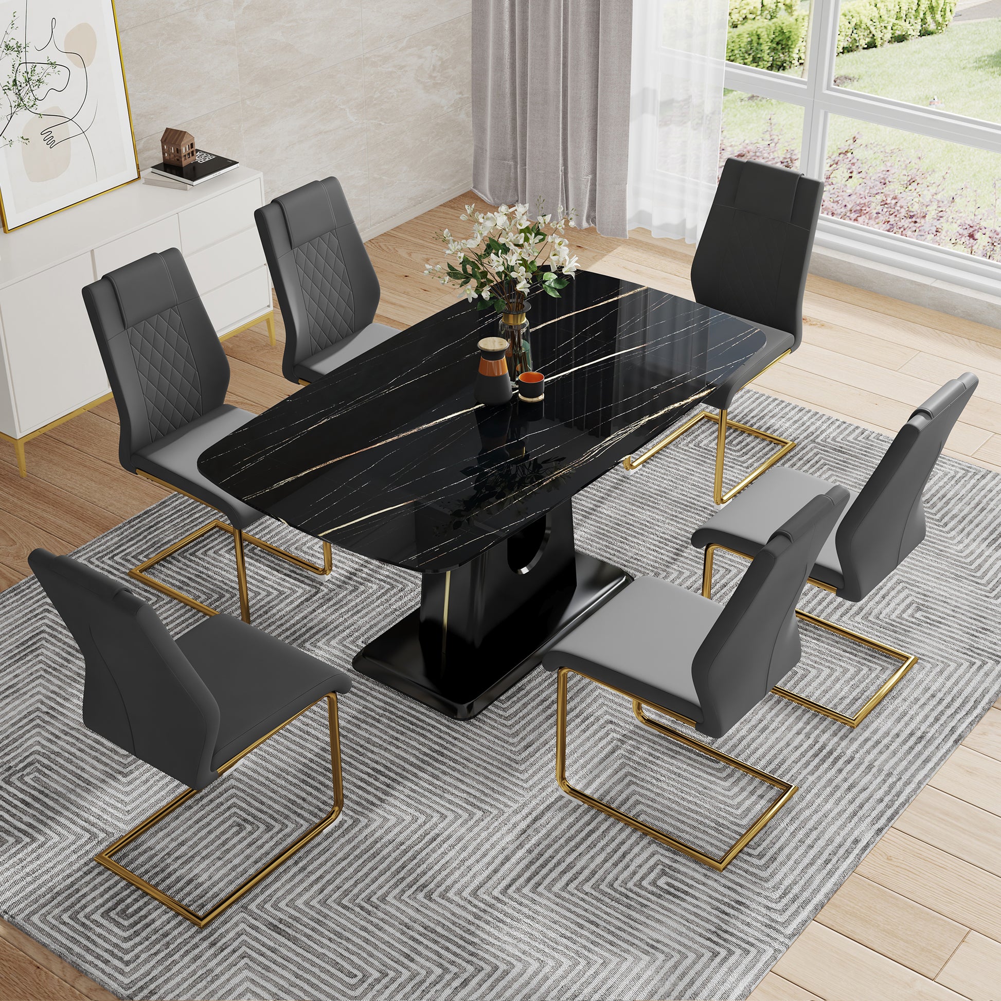 Table And Chair Set, Minimalist Dining Table, Imitation Marble Patterned Glass Tabletop, Mdf Legs With U Shaped Brackets. Paired With Comfortable Chairs, Suitable For Dining And Living Rooms. Black Gold Mdf Glass