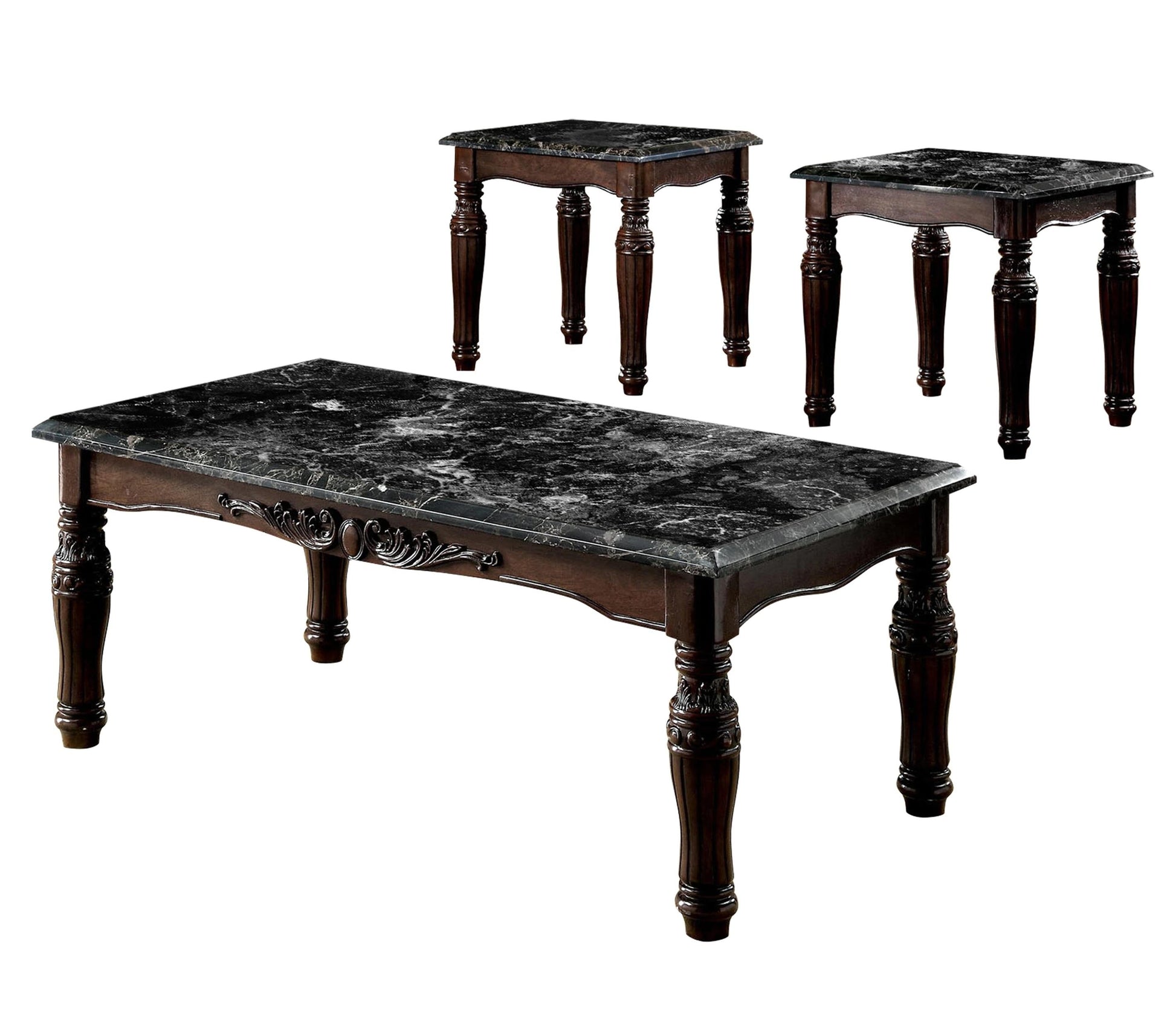 Traditional Espresso Solid Wood 3Pc Tables Set 1X Coffee Table And 2X End Tables Faux Marble Top Living Room Furniture Espresso Espresso Primary Living Space Classic,Luxury,Traditional Rectangular Solid Wood