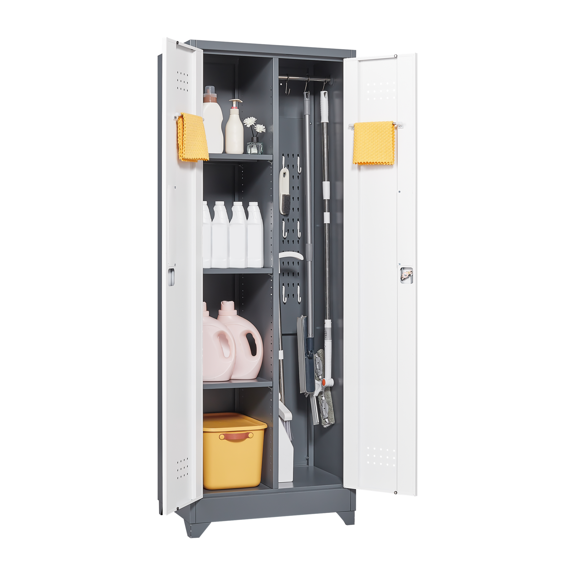 Metal Storage Cabinets, Cleaning Tool Cabinet With Locking Door, Tall Broom Tool Organizer And Storage, Large Storage Cabinet For Kitchen, Pantry, Office, Shop 3 4 Shelves Grey White Door Locks Modern Metal