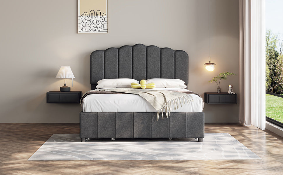 Full Size Upholstered Bed With 4 Storage Drawers,Wood Slat Support, Gray Full Gray Upholstered
