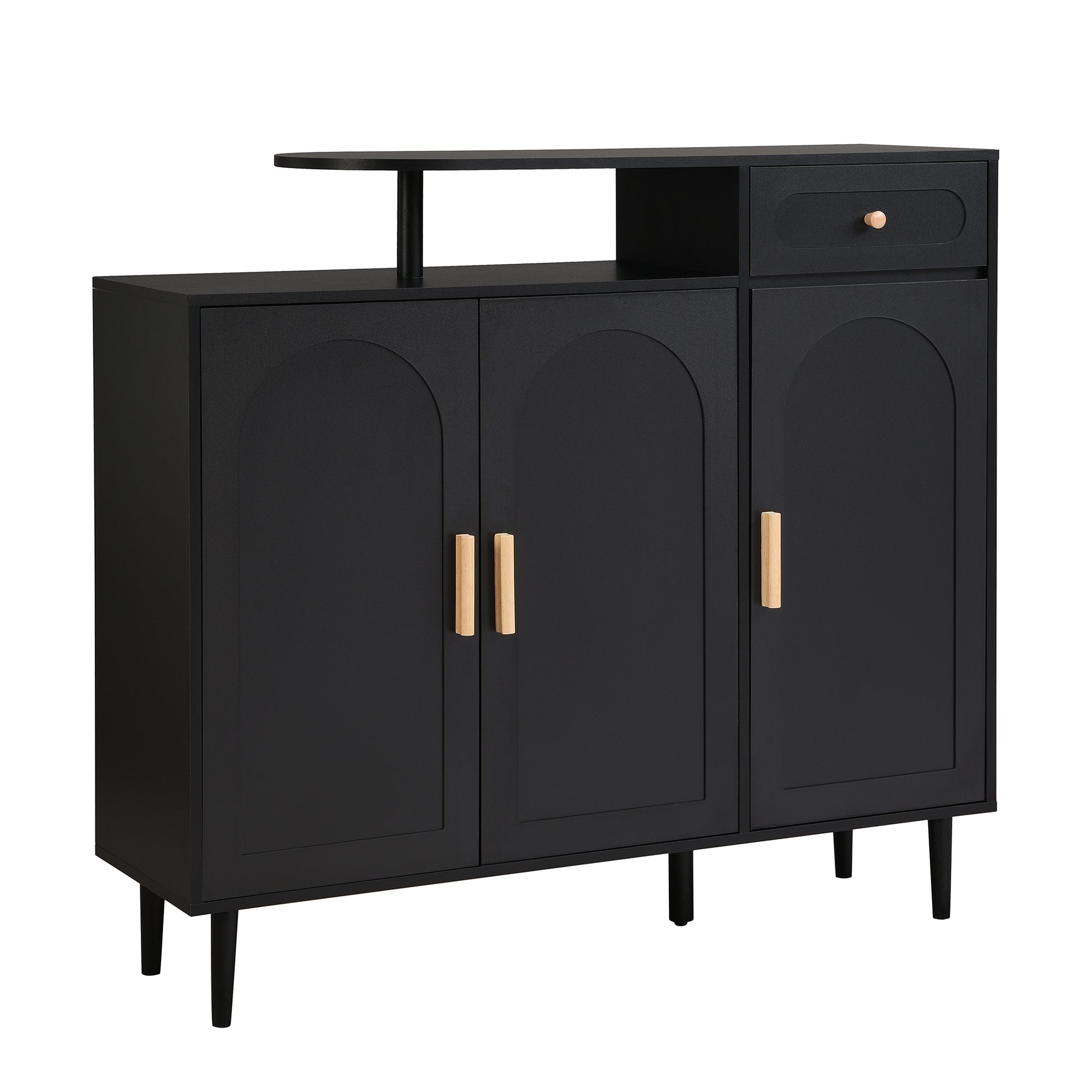 Elegant Shoe Cabinet With Arched Doors And Drawer, Cream Style Storage Sideboard With Adjustable Shelves And Solid Wood Legs For Entryway, Living Room, Black Freestanding 1 2 Drawers Black Primary Living Space Adjustable Shelves Particle Board Mdf