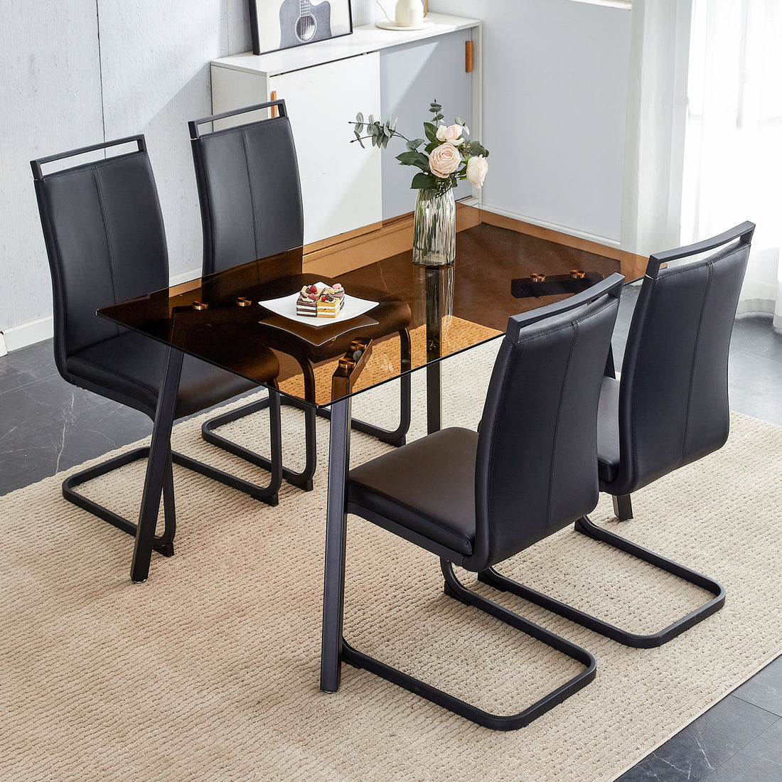 Table And Chair Set. Large Modern Rectangular Table With Brown Glass Top And Black Metal Legs. It Is Equipped With Soft And Comfortable Pu Seats, Faux Leather Upholstered Seats, And Sturdy Metal Legs. Black Seats 4 Glass Metal