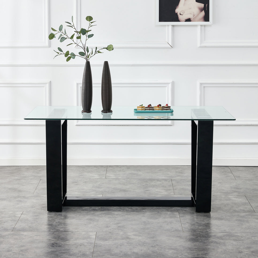 Seating 6 8 People, This Modern, Minimalist Rectangular Dining Table Features A Tempered Glass Top And A Sleek Black Mdf Stand. Suitable For Kitchen, Dining Room, Living Room, Meeting Room Transparent Mdf Glass