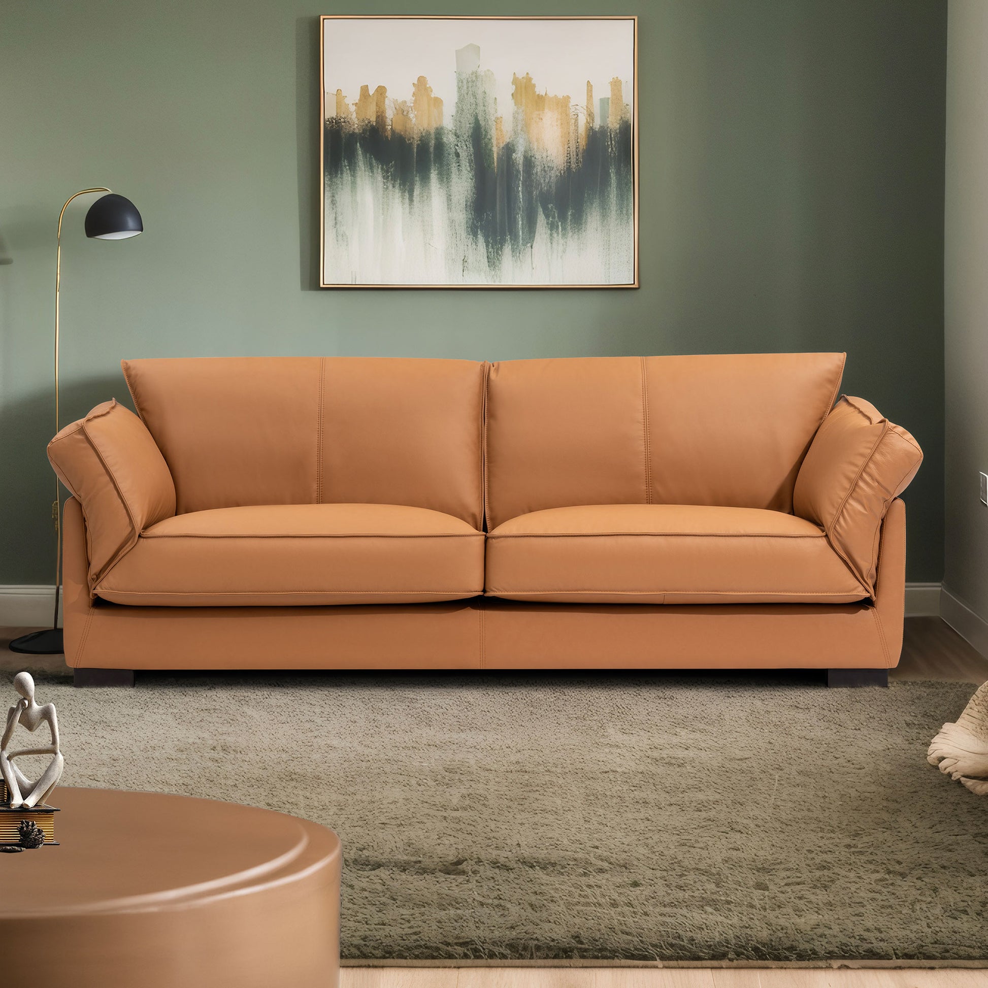 89.76 Inch Top Genuine Leather Sofa, 3 Seater Leather Couch, Mid Century Modern Couch For Living Room Bedroom Apartment Office, Tan Tan Genuine Leather 3 Seat