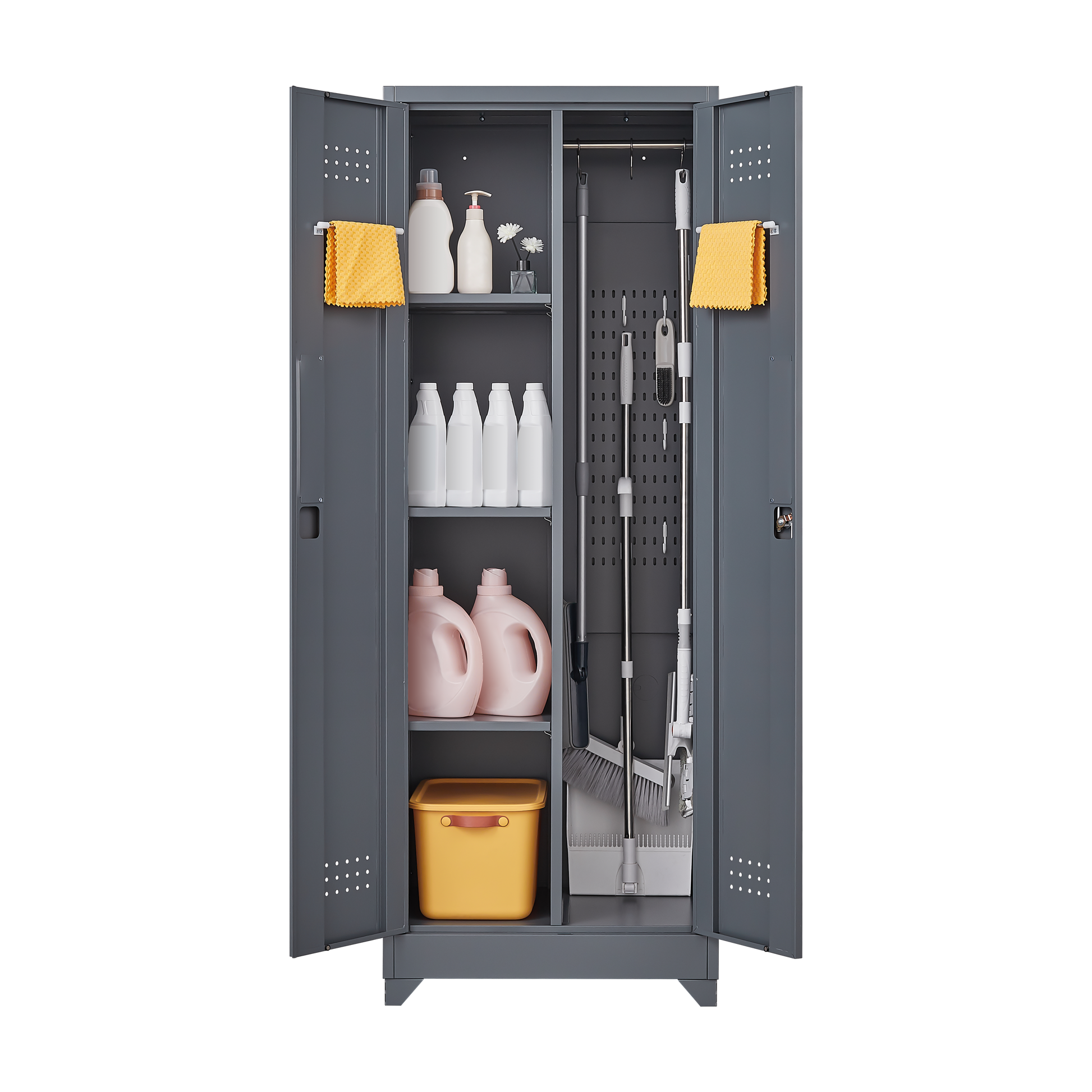 Metal Storage Cabinets, Cleaning Tool Cabinet With Locking Door, Tall Broom Tool Organizer And Storage, Large Storage Cabinet For Kitchen, Pantry, Office, Shop 3 4 Shelves Grey Door Locks Modern Metal