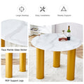 Table And Chair Set, Round Table With White Marble Pattern, Gold Mdf Table Legs, Soft And Comfortable Dining Chair, Suitable For Kitchen And Living Room White Mdf