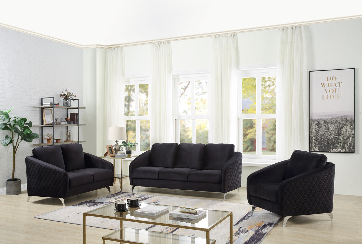 Sofia Black Velvet Fabric Sofa Loveseat Chair Living Room Set Black Velvet