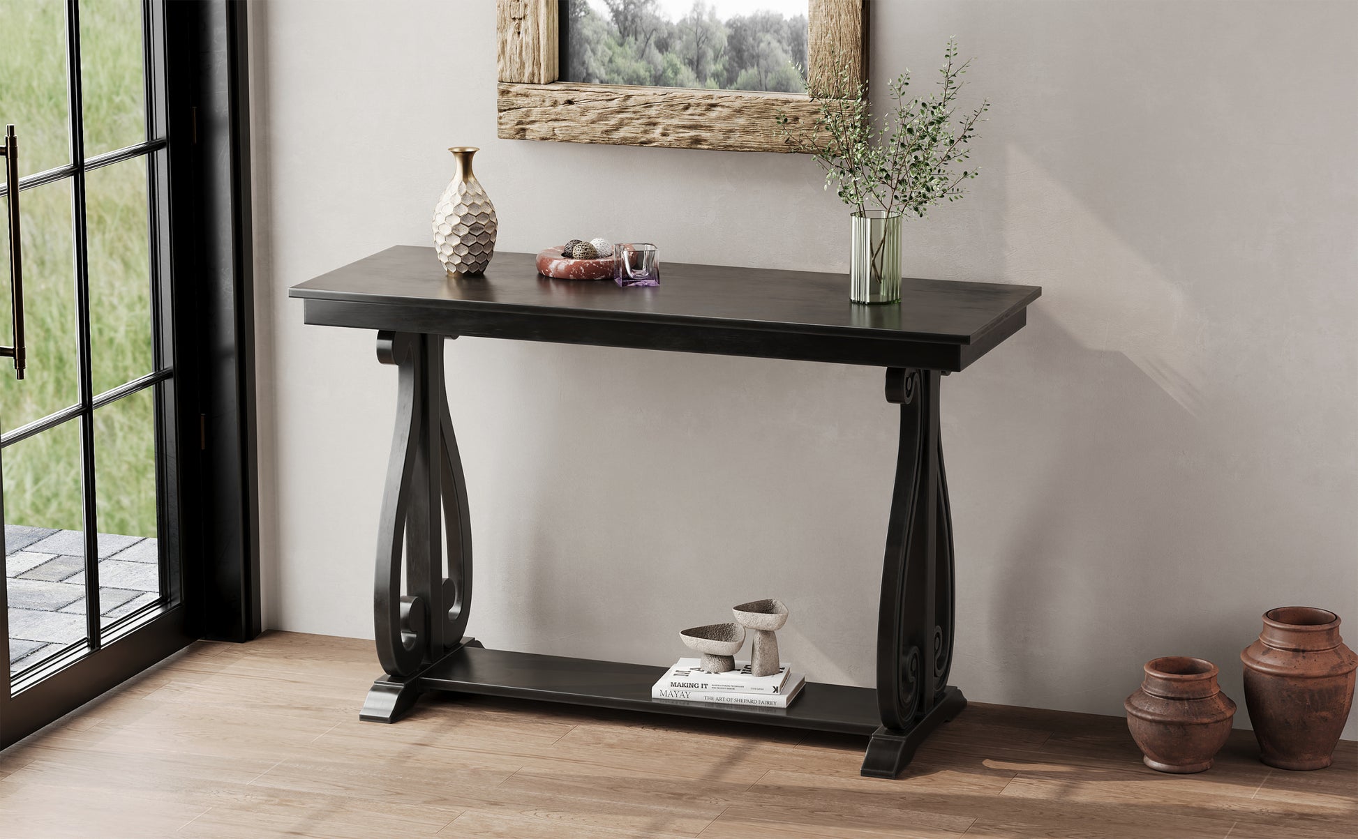 48 Inch Rustic Vintage Console Tablefarmhouse Style Entryway Table With Open Shelf And Sturdy Construction For Entryway And Living Room Black Black Distressed Finish Primary Living Space Antique,Rustic,Vintage Open Storage Console Tables Brushed