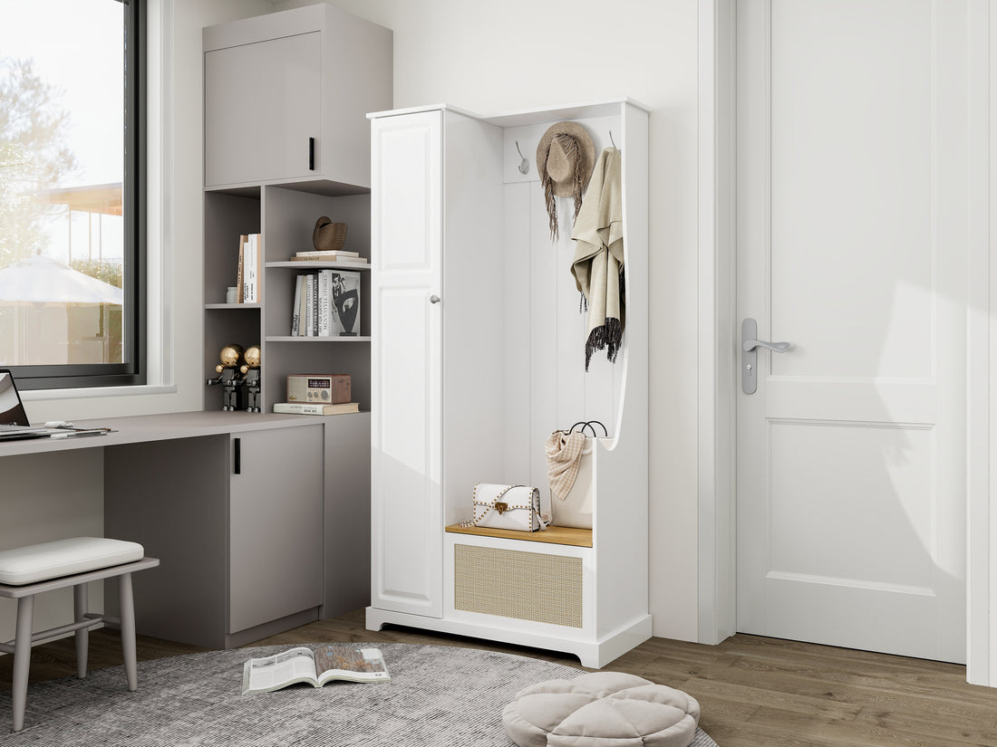 Hall Tree With Bench, Storage Cabinet, Suitable For Living Room, Entryway, Bedroom White Mdf