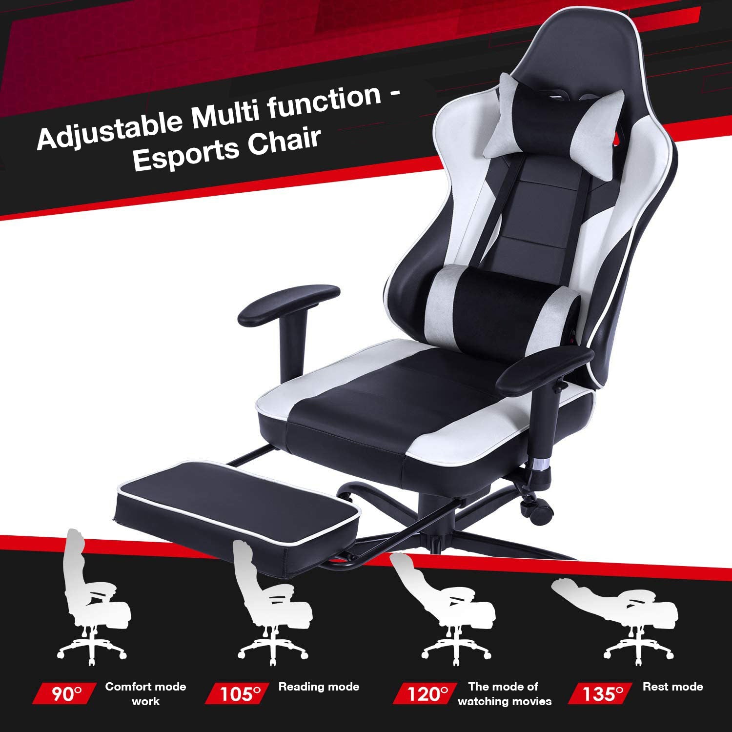 Game Chair, Ergonomiy Designed Computer Chair With Headrest And 2D Armrests, Waist Pillow Electronic Lounge Chair With Vibration Massage Function, Competitive Chair Iron White Cotton Leather