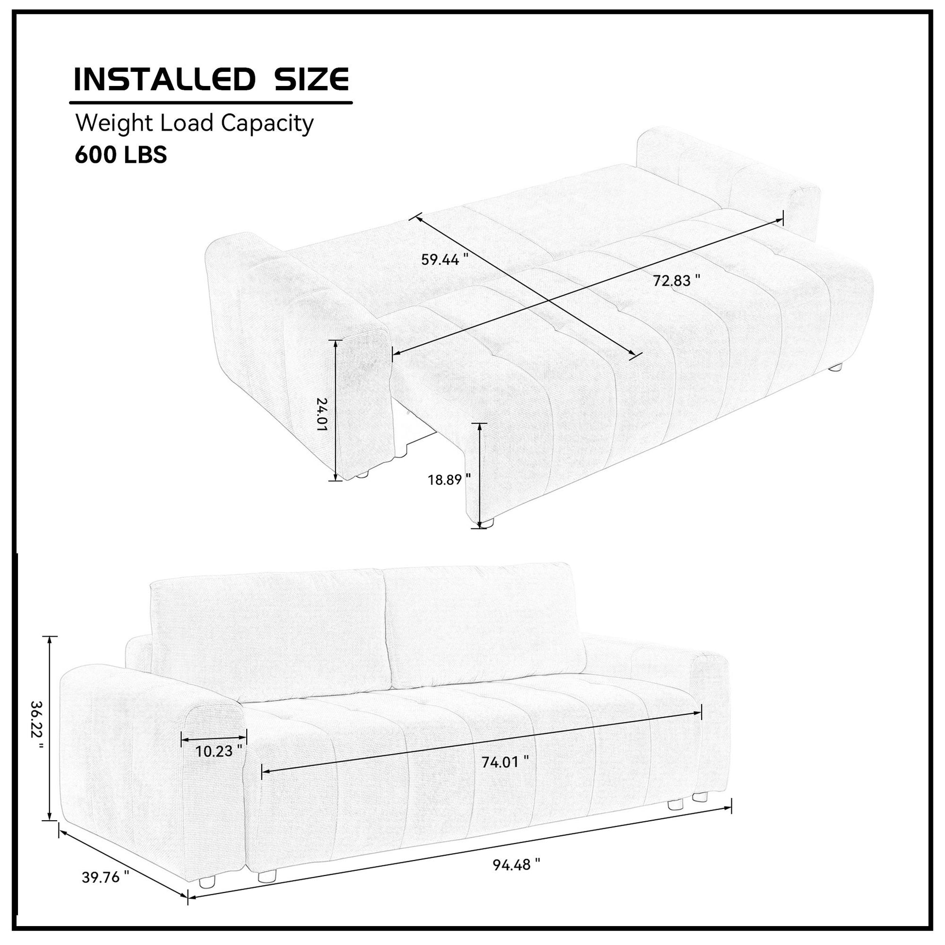 94.49''Sleeper Sofa, Sofa Bed 2 In 1 Pull Out Couch Bed With Storage Chaise For Living Room, Sofa Sleeper With Pull Out Bed, Dark Grey Couch Dark Grey Fabric 3 Seat