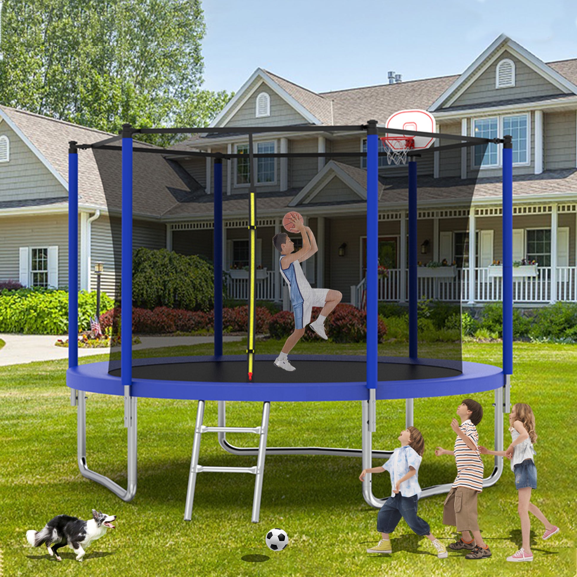 10Ft Trampoline For Kids, Basketball Hoop And Ladder, Outdoor Kids Tra