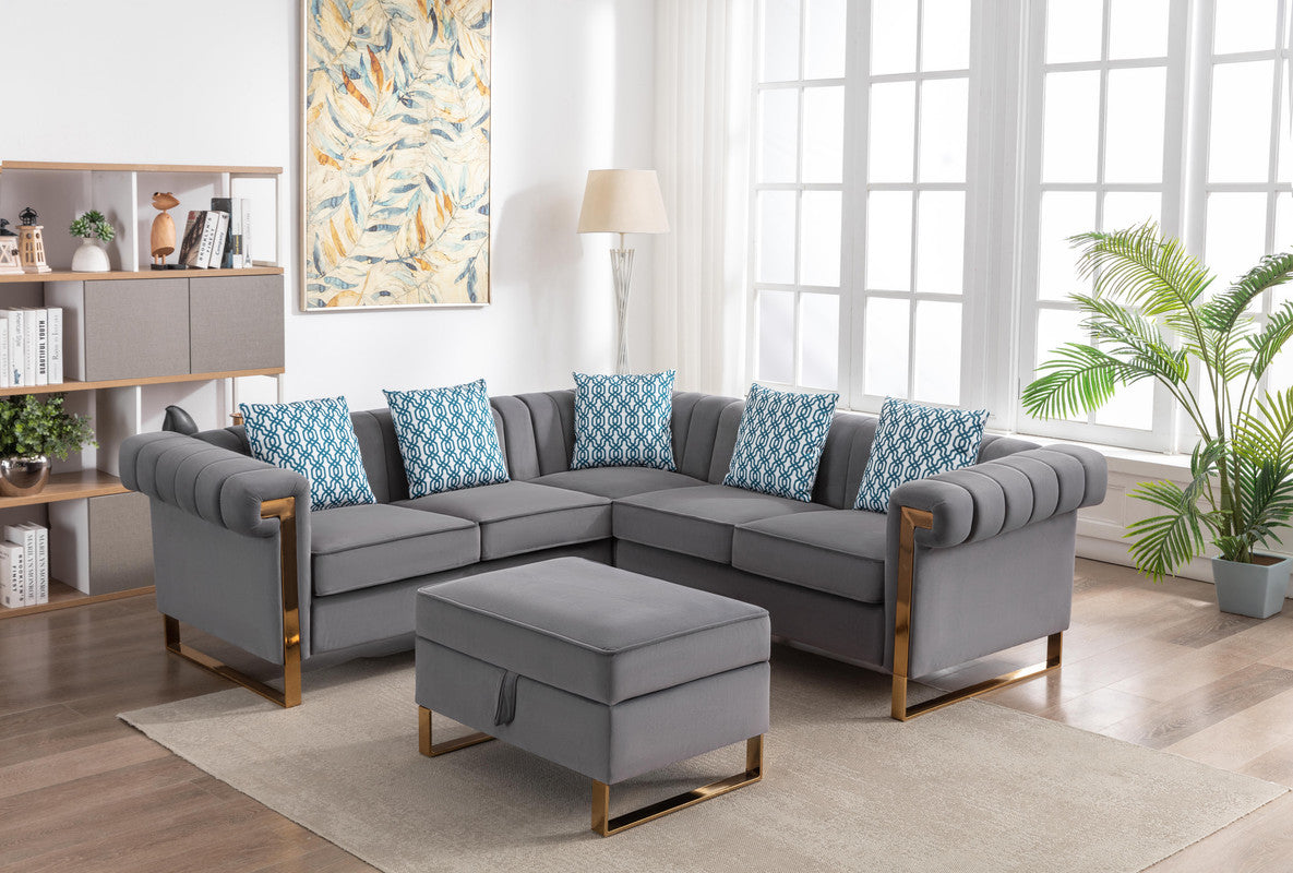 Maddie 88.5" Gray Velvet 5 Seater Sectional Sofa With Storage Ottoman Gray Velvet