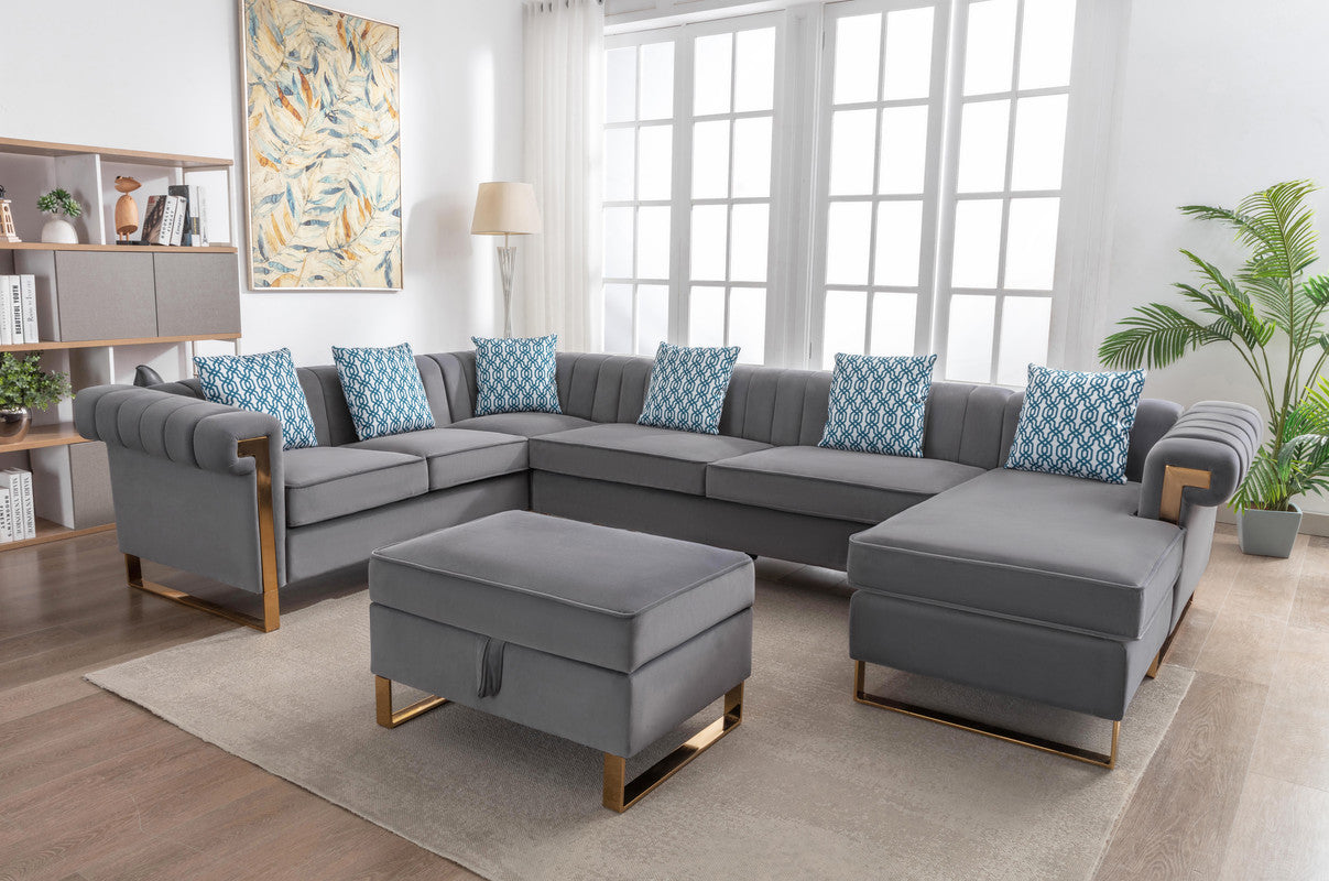 Maddie 130.5" Gray Velvet 7 Seater Sectional Sofa With Reversible Chaise And Storage Ottoman Gray Velvet