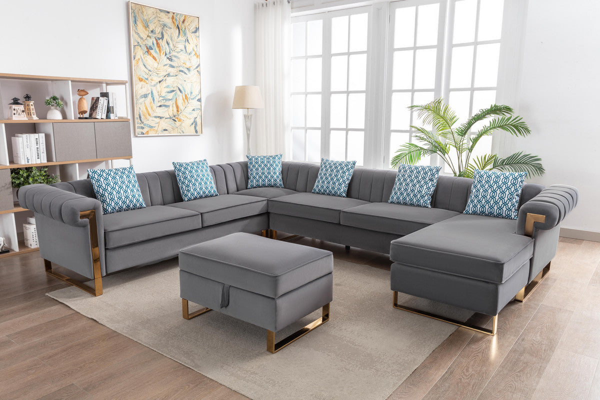 Maddie 130.5" Gray Velvet 8 Seater Sectional Sofa With Reversible Chaise And Storage Ottoman Gray Velvet