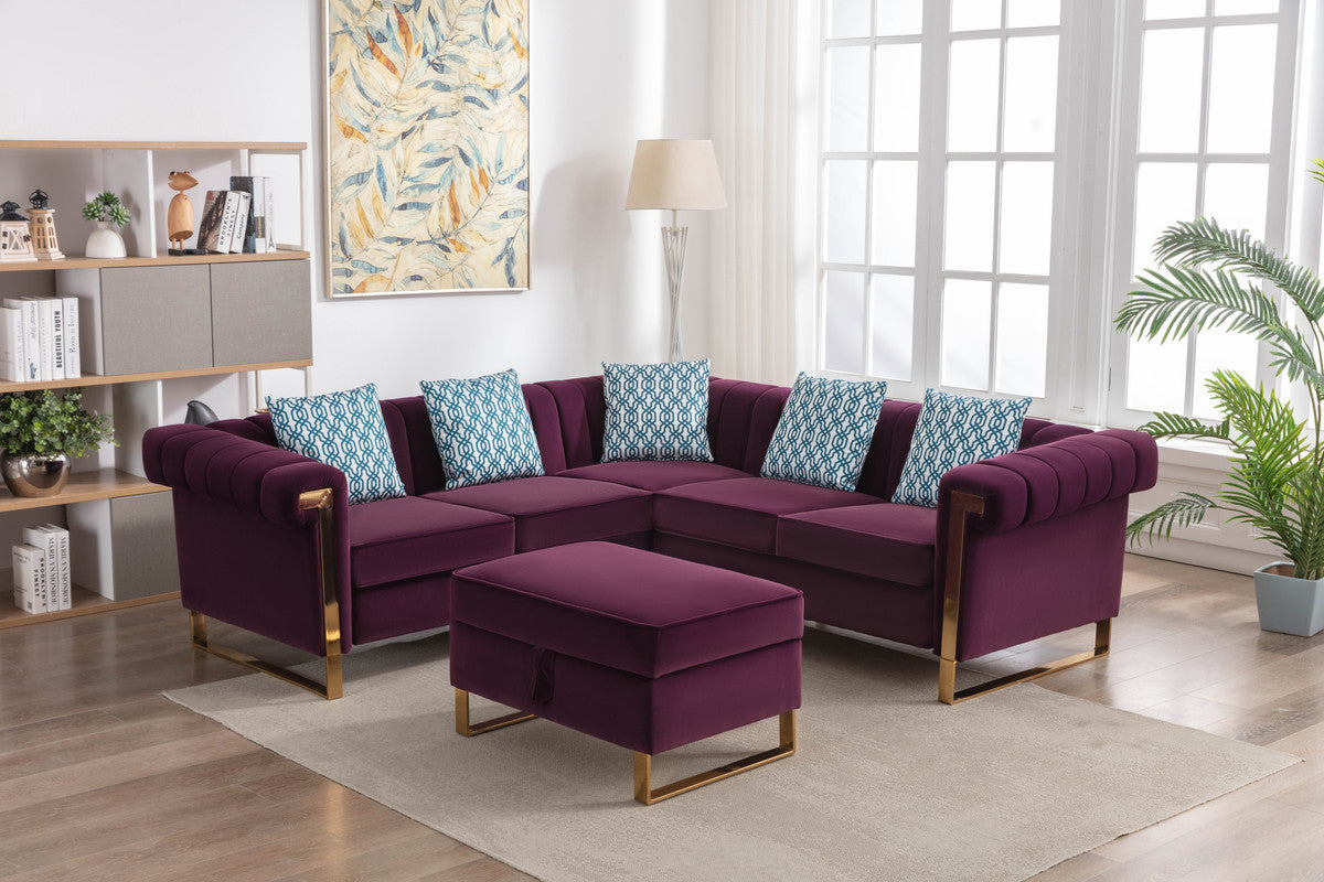 Maddie 88.5" Purple Velvet 5 Seater Sectional Sofa With Storage Ottoman Purple Velvet