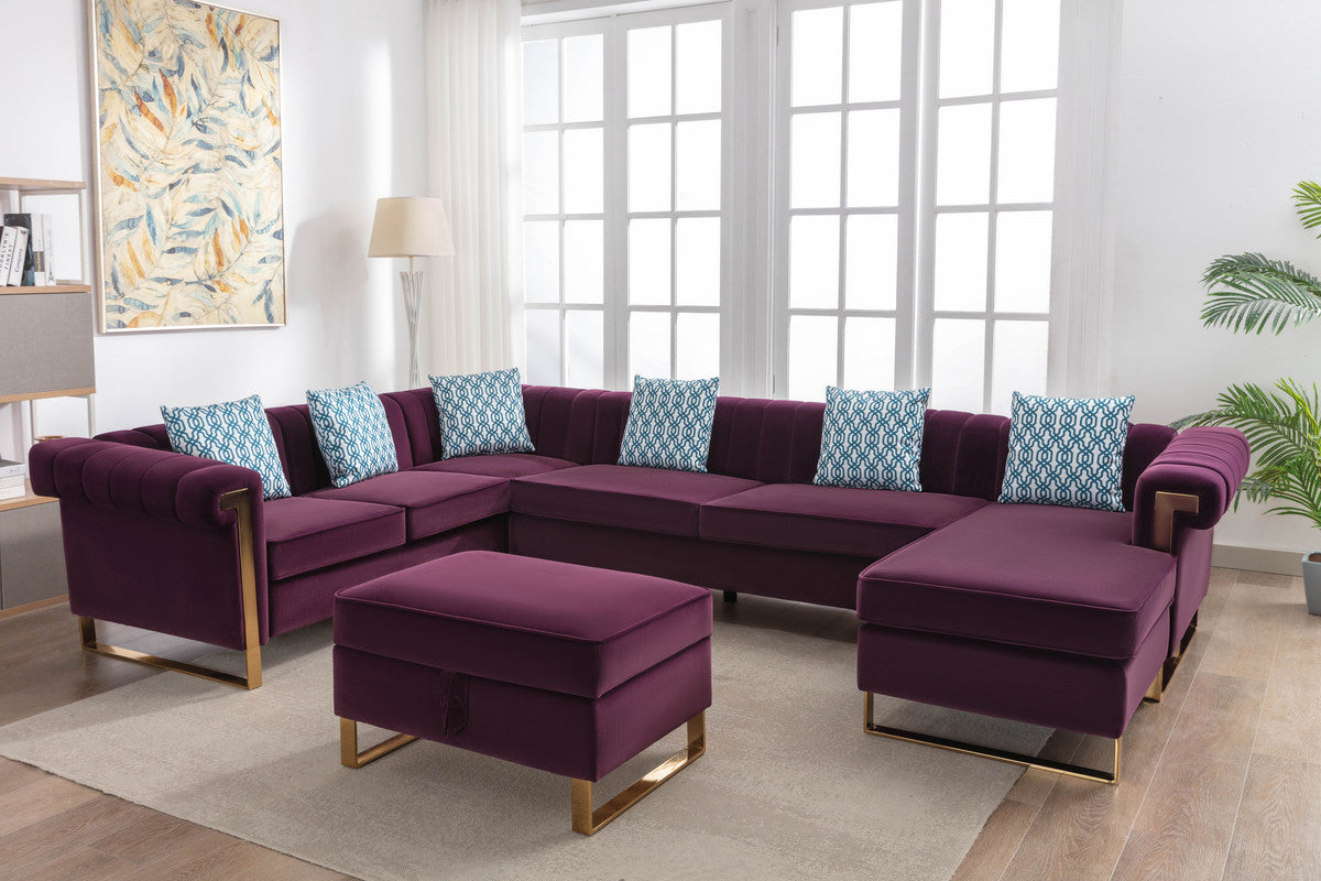 Maddie 130.5" Purple Velvet 7 Seater Sectional Sofa With Reversible Chaise And Storage Ottoman Purple Velvet