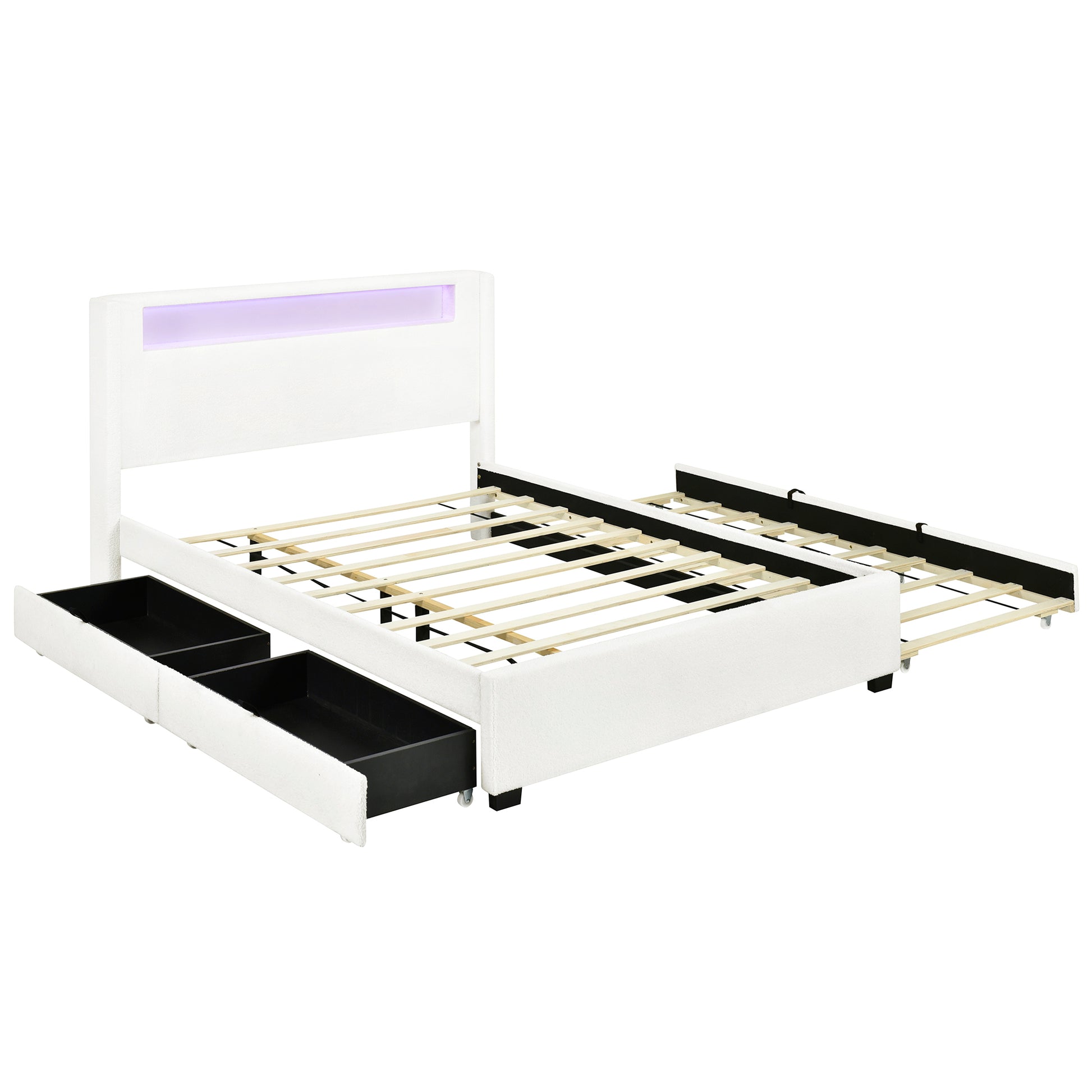 Queen Size Upholstered Platform Bed With Led Frame, With Twin Xl Size Trundle And 2 Drawers, Teddy Fleece, White White Fleece