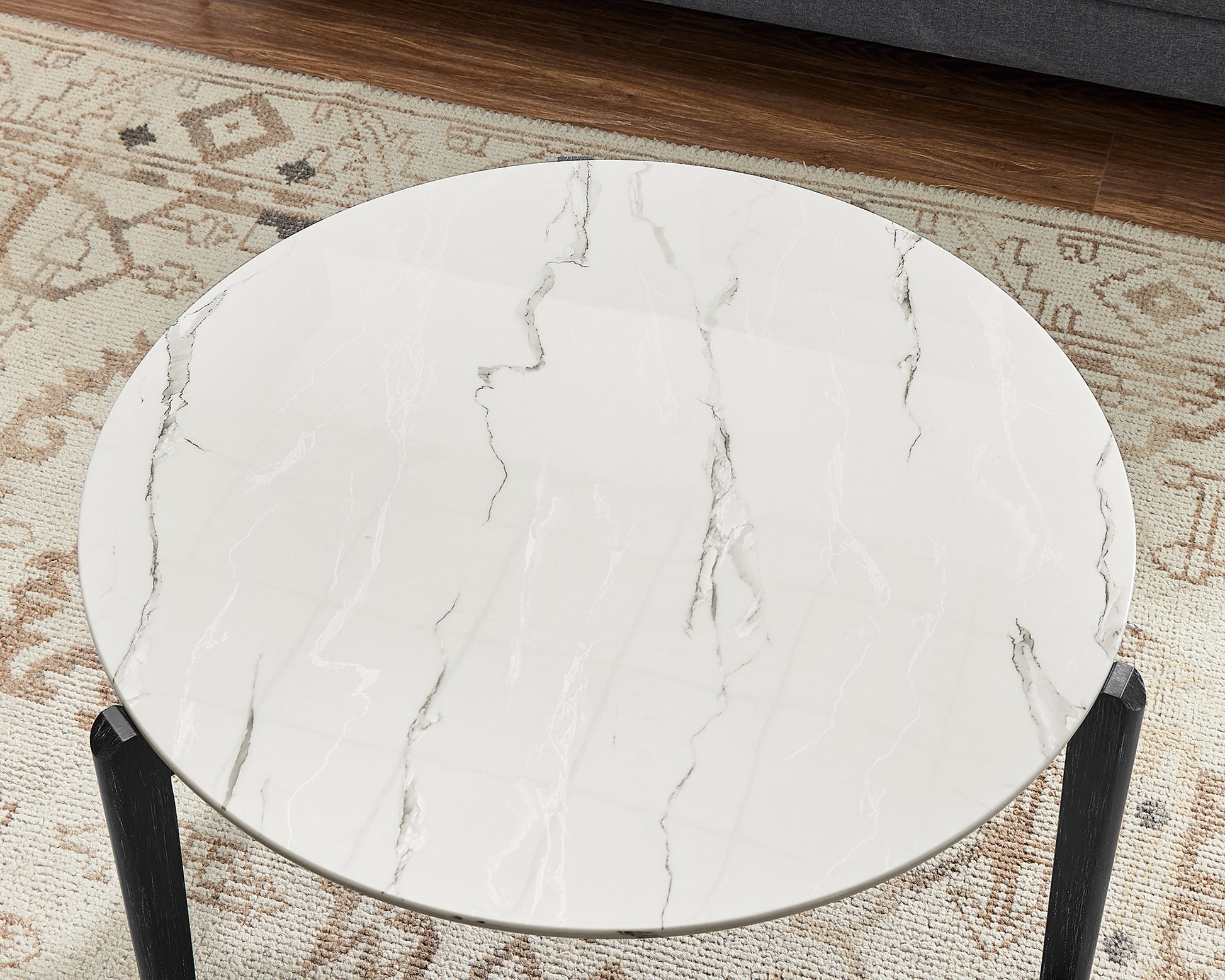 Living Room Coffee Table: Modern And Stylish 24 Inch Round Small Coffee Table, Imitation Marble Tabletop With Rubber Wood Solid Wood Legs, Wooden Coffee Table, Living Room, Office, Home White Black