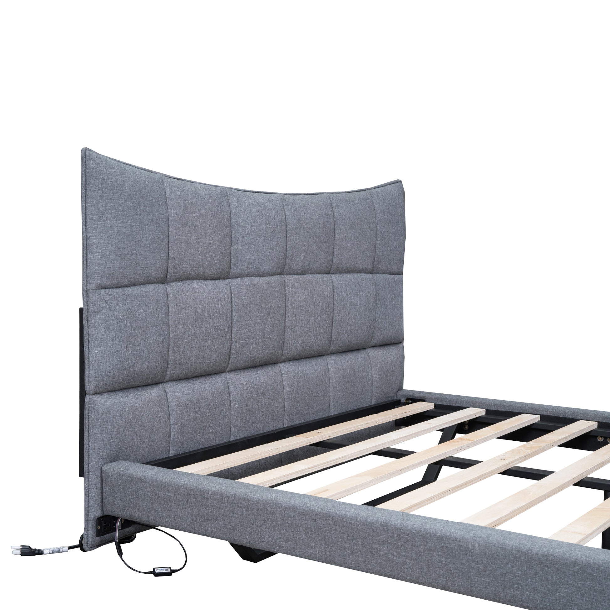 Full Size Upholstered Platform Bed With Led Lights,Usb Ports And Outlets,Linen Fabric,Gray Full Gray Wood Metal