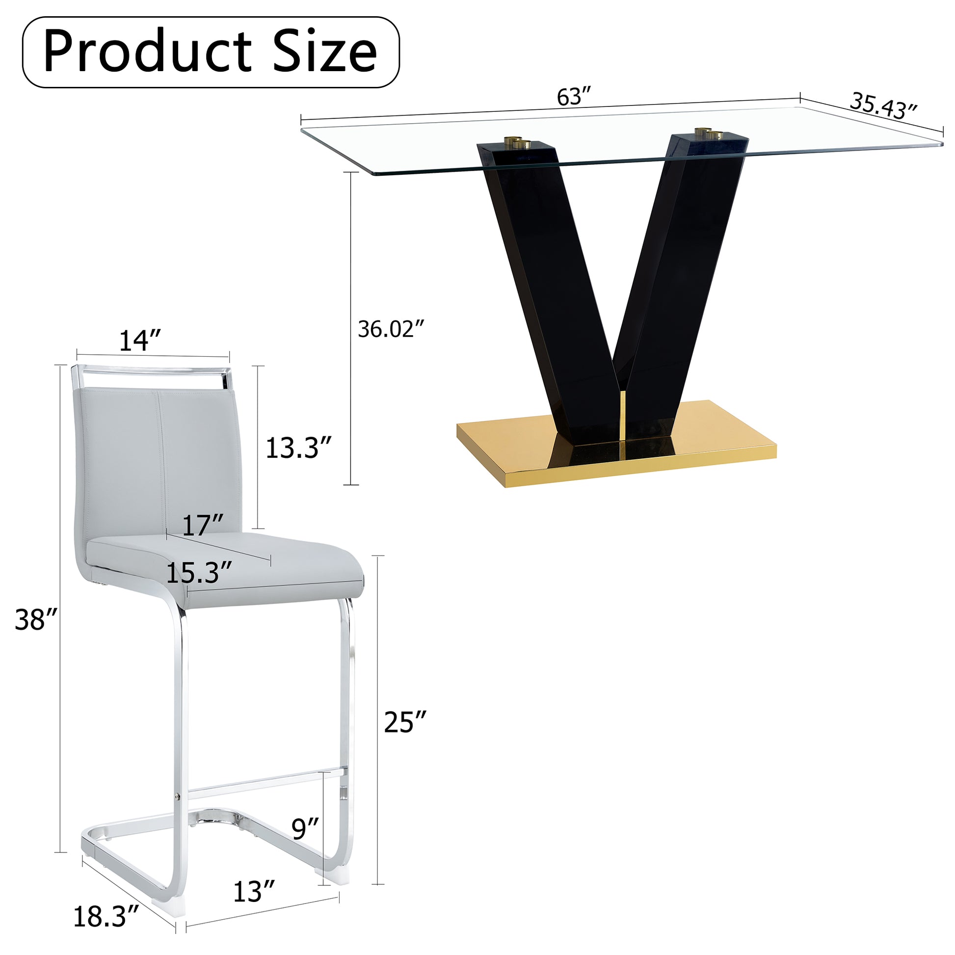 Table And Chair Set. A Rectangular Glass Dining Table With A 0.4 Inch Tempered Glass Tabletop And Mdf Board V Shaped Bracket, Paired With 2 Chairs Consisting Of Pu Seat Cushions And Silver Metal Legs. Black Gray Seats 2 Tempered Glass