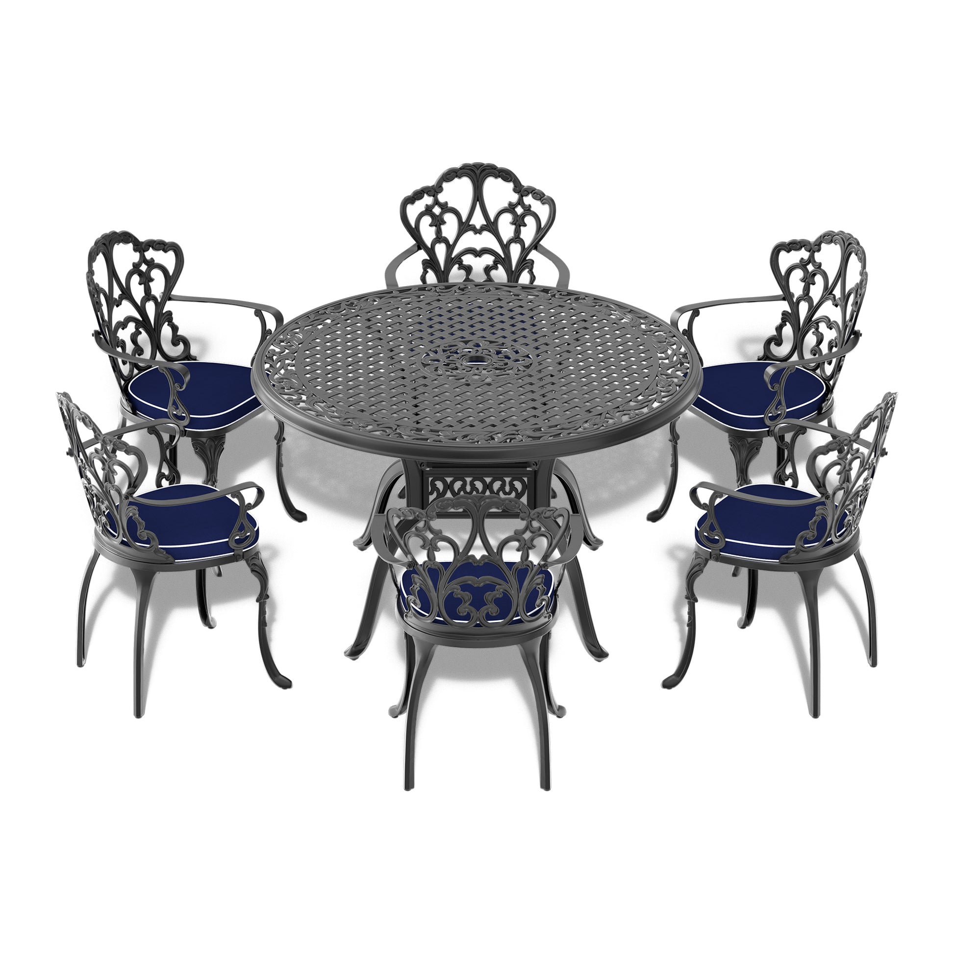 Cushions In Random Colors 7 Piece Set Of Cast Aluminum Patio Furniture With Cushions Yes Dining Set Black Seats 6 Rust Resistant Frame Water Resistant Cushion Garden & Outdoor Complete Patio Sets Aluminium