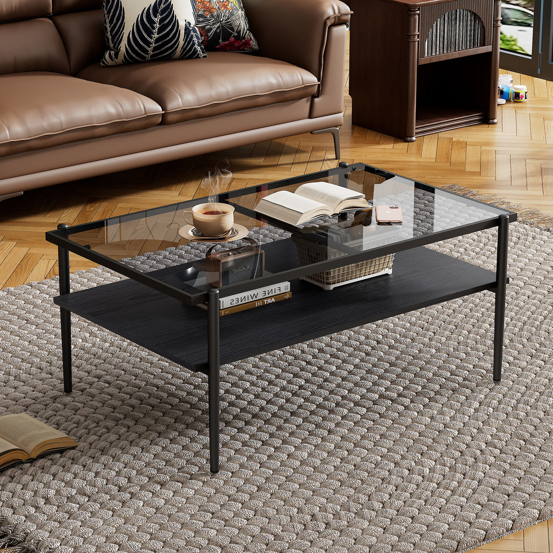 Rectangle Coffee Table With Gray Tempered Glass Top And Black Legs,Modern Table For Living Room Gray Tempered Glass