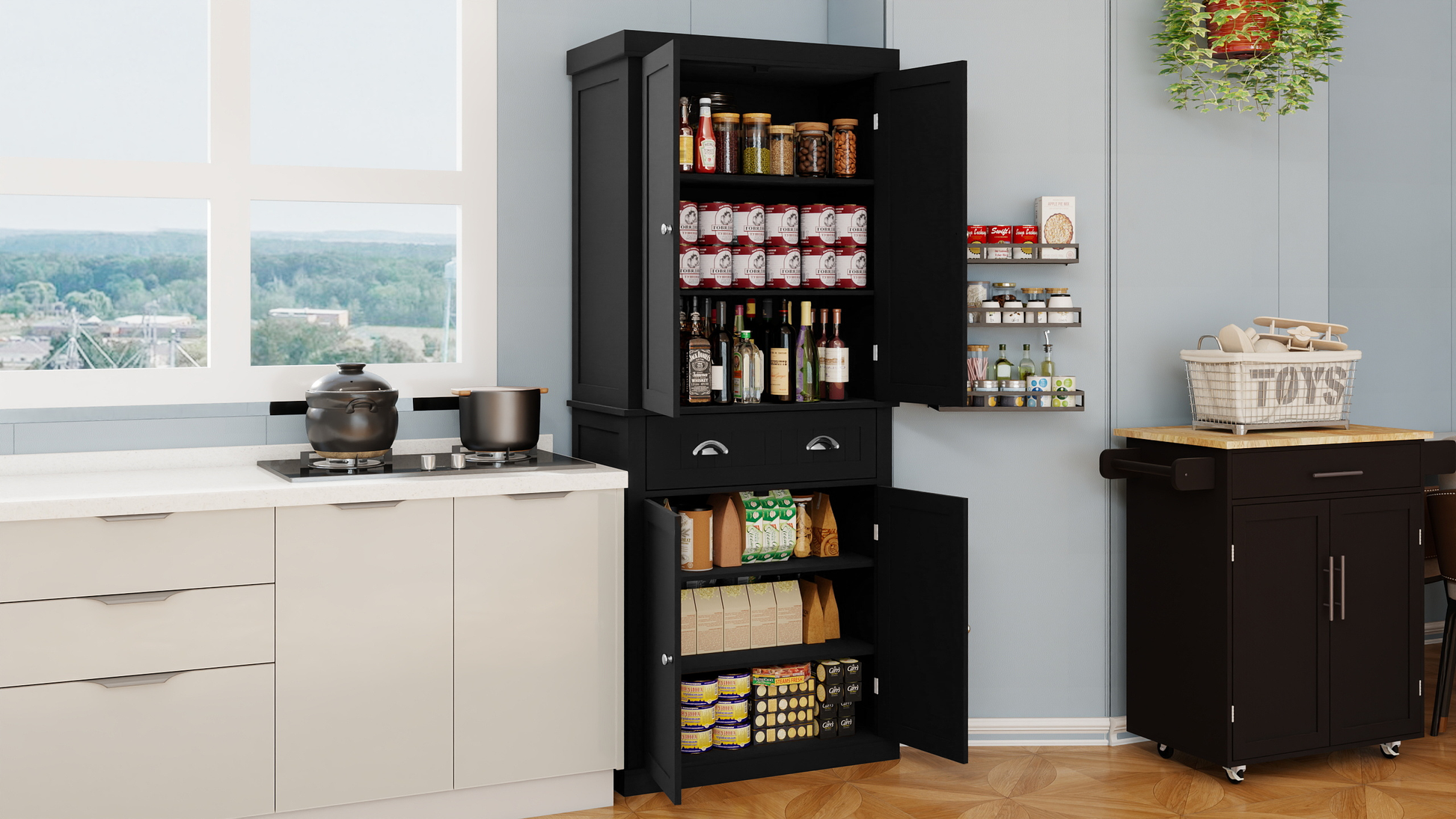 71" Kitchen Pantry Storage Cabinetwith 4 Doors, Drawer, 2 Adjustable Shelves, Freestanding Cupboard For Dining Room Living Room, Laundry Black Black Mdf