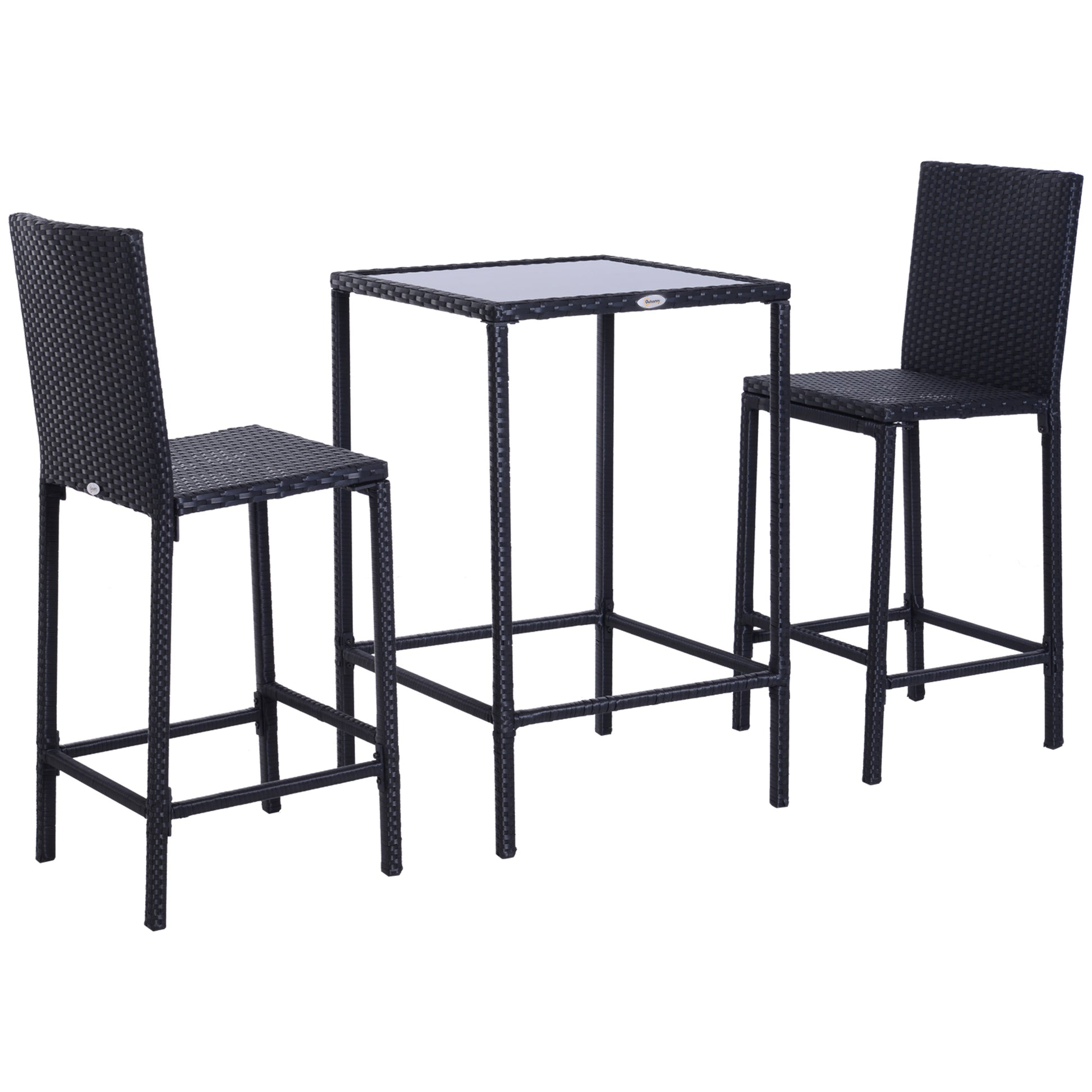 Outsunny 3Pcs Rattan Bar Set With Glass Top Table, 2 Bar Stools For Outdoor, Patio, Garden, Poolside, Backyard Black Aluminum