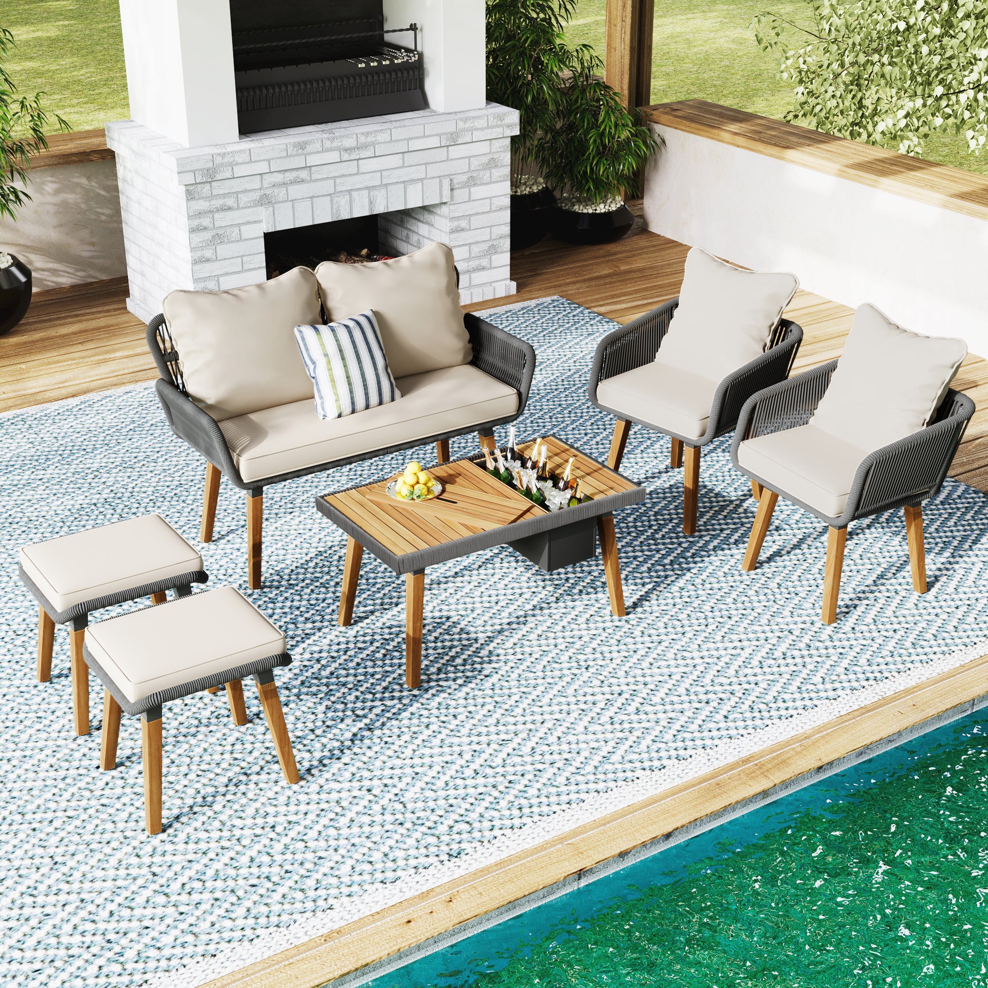 K&K Piece Rope Patio Furniture Set, Outdoor Furniture With Acacia Wo