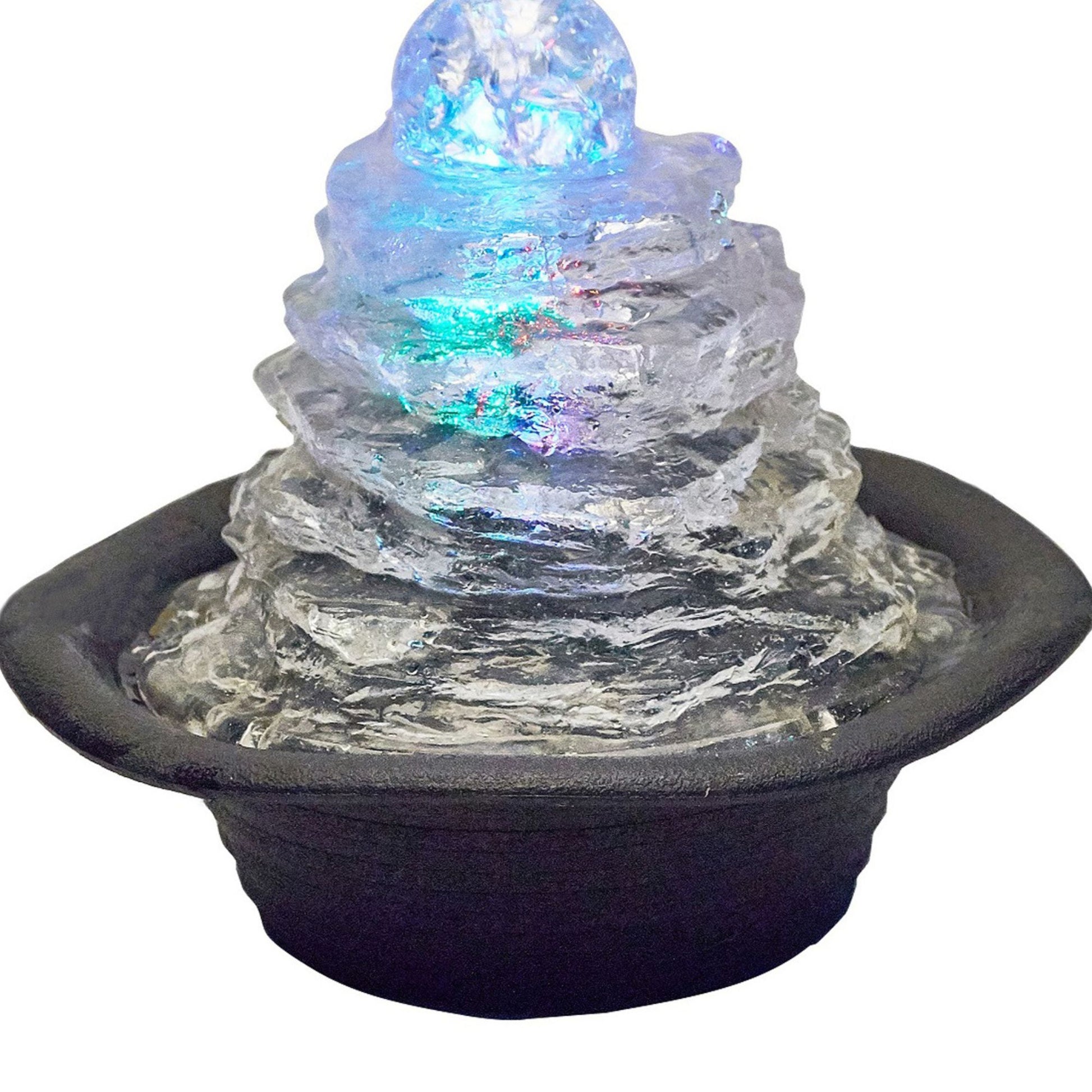 7.5" Tall Indoor Fountain W Led Light And 1L Capacity, Ice Mountain Design Clear Polyresin