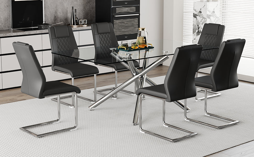 Table And Chair Set.Modern Luxurious Transparent Tempered Glass Dining Table Set With 6 Chairs.Single Fork Silver Metal Table Legs.Black High Quality Pu Dining Chairs With Silver Metal Legs.