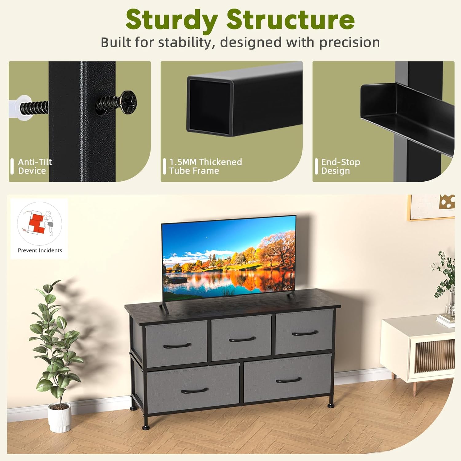 Simple Deluxe 5 Drawers Dresser For Bedroom, Kidsroom Furniture, Wide Chest Of Drawers, Storage Organizer Units With Fabric Bins For Closet, Metal Frame, Waterproof Wood Top, Adjustable Feet, Gray