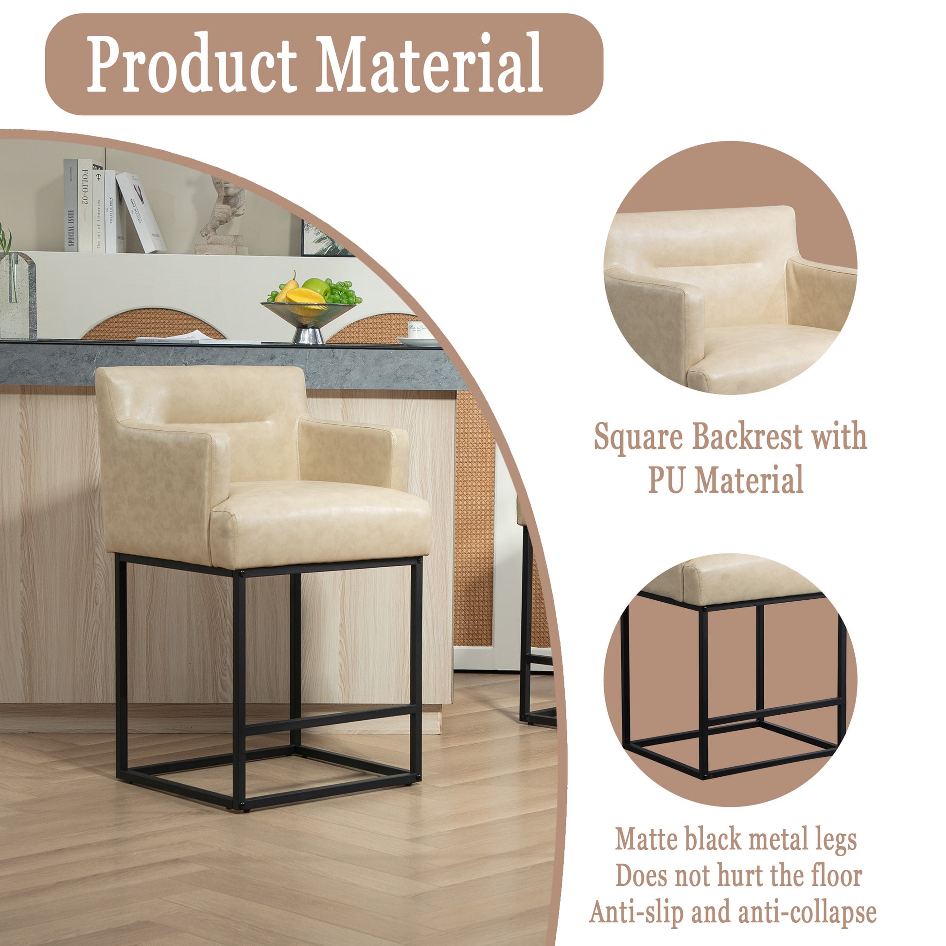 Coolmore Counter Height Bar Stools Set Of 2, Modern Square Bar Stool With Back, Black Metal Frames, Upholstered Bar Stools For Kitchen Island, Pub, Club Khaki Pu Khaki Primary Living Space Foam Pu