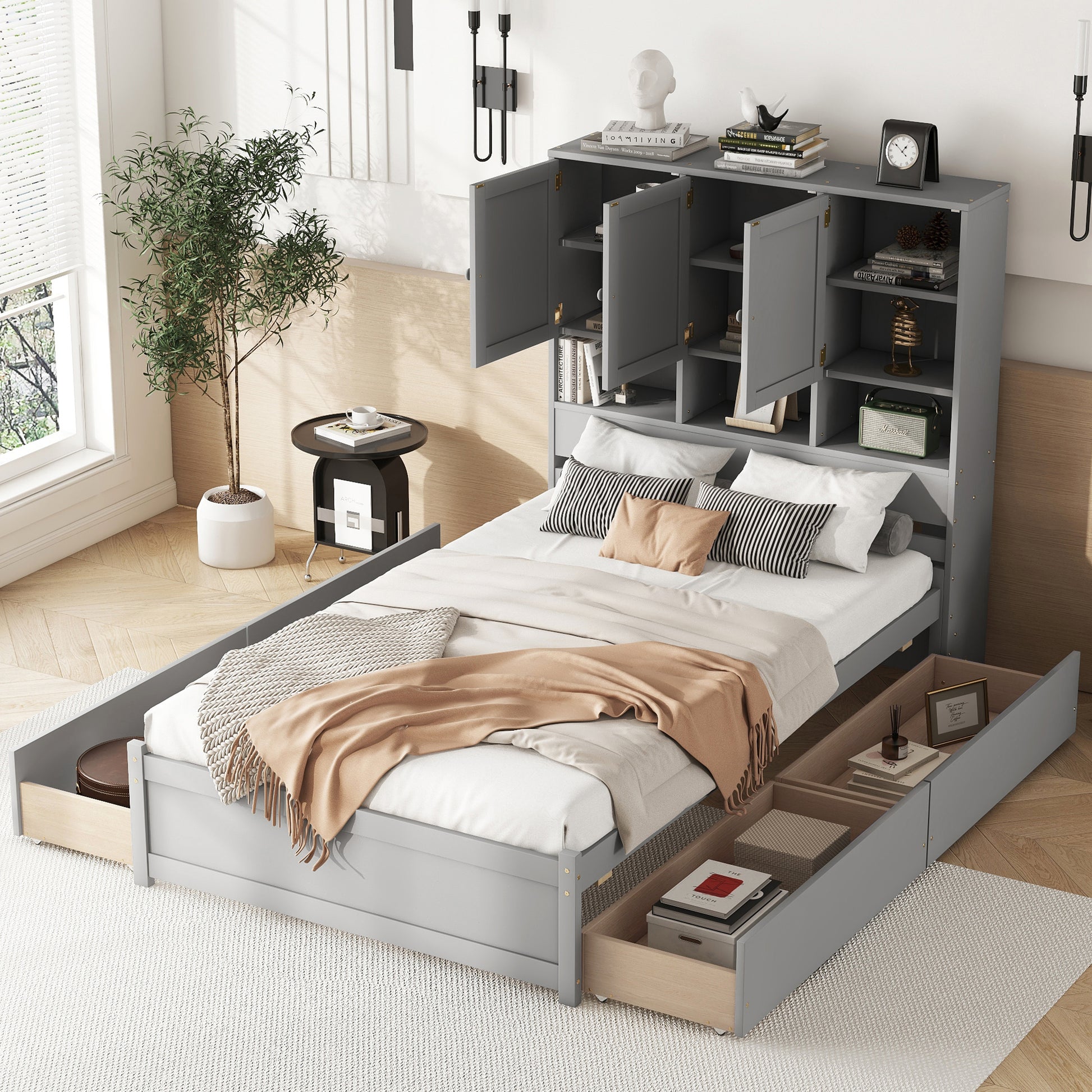 Full Size Platform Bed With Storage Headboard And 4 Drawers, Gray Box Spring Not Required Full Gray Wood Bedroom Bed Frame Solid Wood Mdf