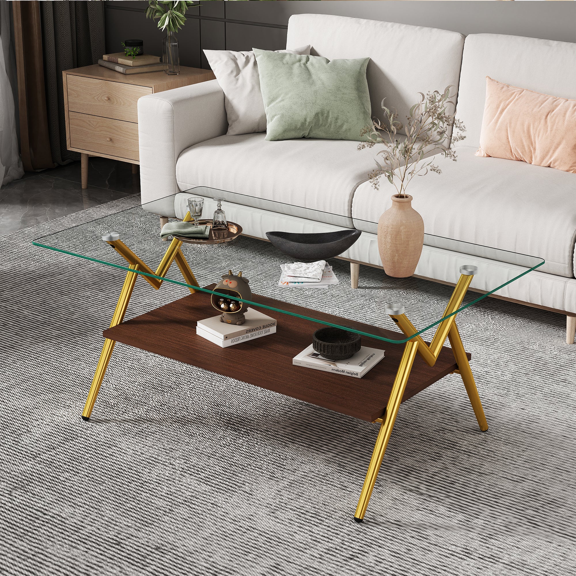 Rectangle Coffee Table With Tempered Glass Top And Golden Metal Legs,