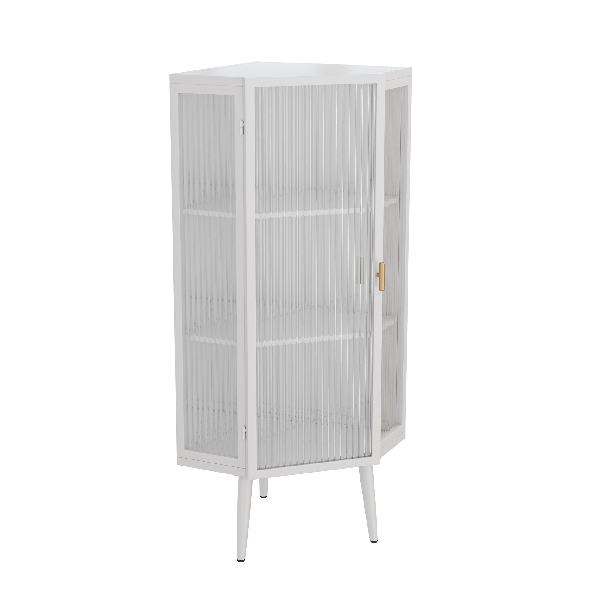 22.25'' Floor Coner Cabinet,Three Tiers With Tempered Glass Doors And Storage Shelves For Bathroom, Living Room And Bedroom White White Glass Metal