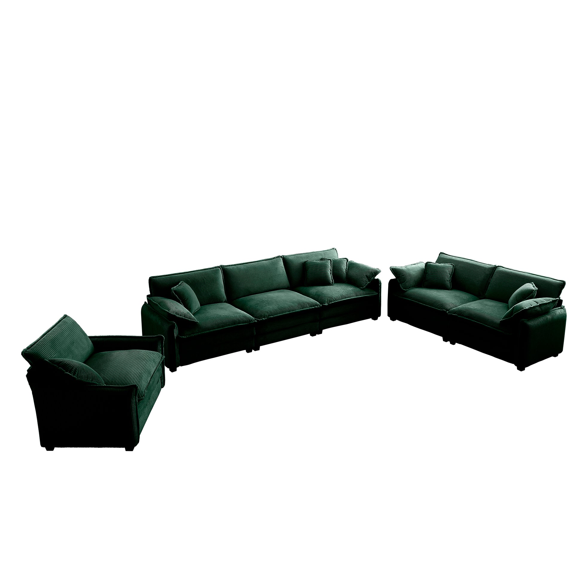3 Piece Comfortable Oversized Sectional Sofa, One Single Sofa And One 2 Seater Sofa And One 3 Seater Sofa ,Green Corduroy Deep Seat Sofa Green Corduroy 6 Seat