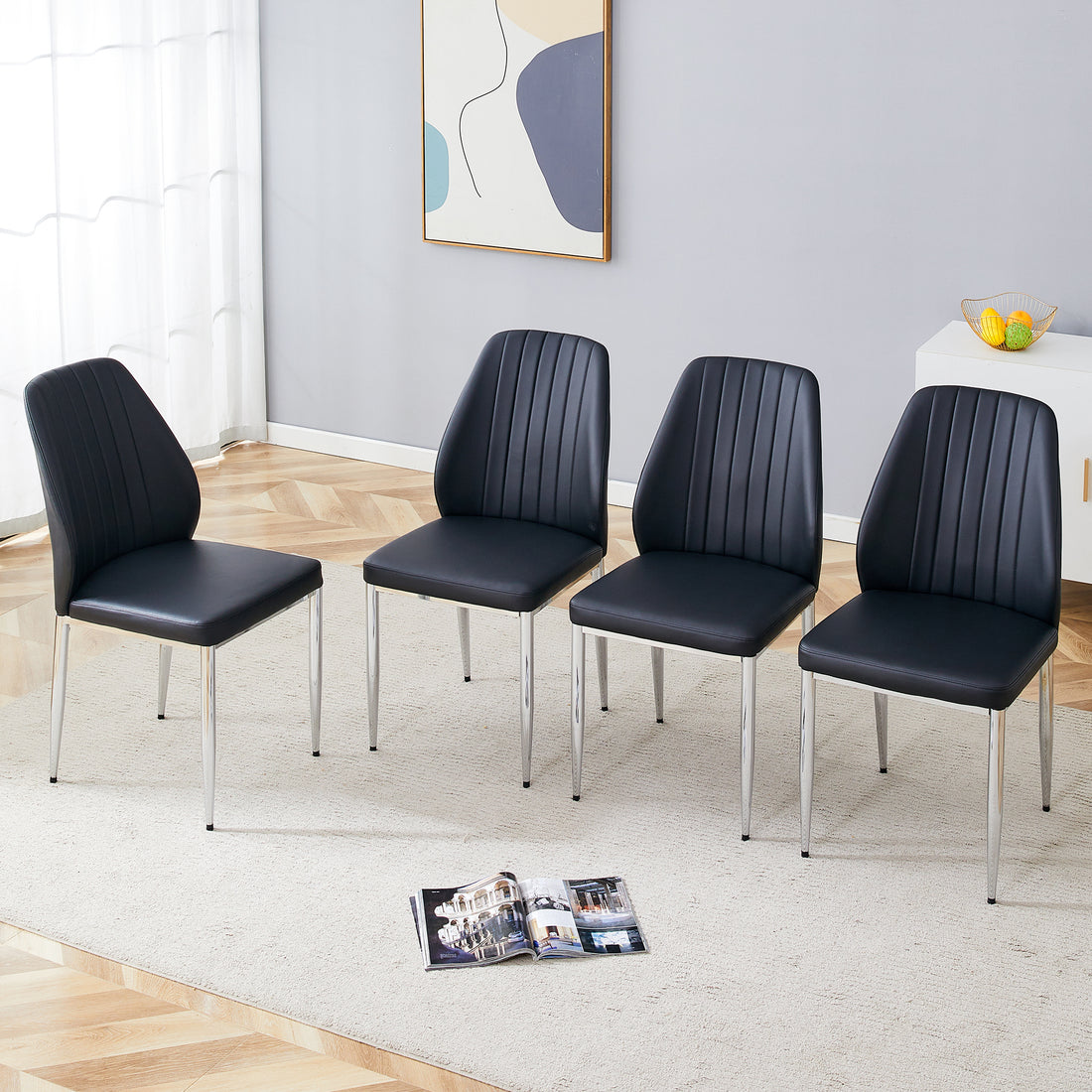 Set Of Four Black Pu Comfort Dining Chairs 17.7"X25" .Dining Chair With Extended Backrest,Black Pu,Silver Metal Legs,Suitable For Various Places Such As Family Restaurants, Hotels, Coffee Shops,Etc.