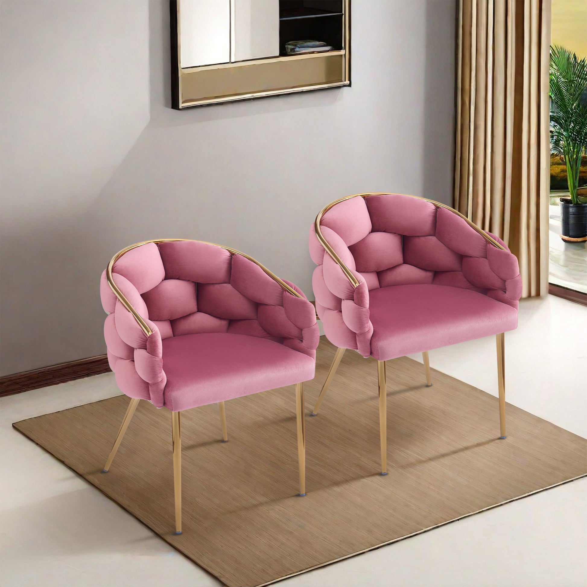 Set Of 2 Luxury Handmade Accent Chair With Gold Legs, Modern Velvet Armchair For Living Room And Bedroom Pink Foam Velvet