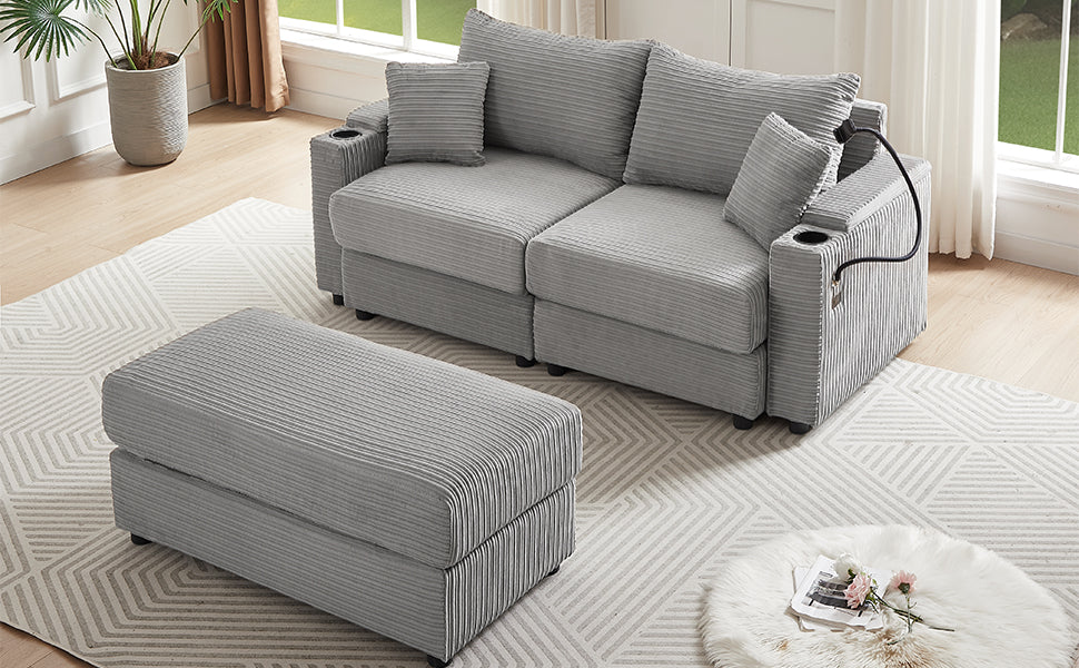 72.8" Modern Style Loveseat Sofa Sectional Sofa Couch With Storage Space, A Movable Ottoman, Two Usb Ports, Two Cup Holders, A Phone Holder For Living Room, Gray Gray Foam Corduroy 3 Seat