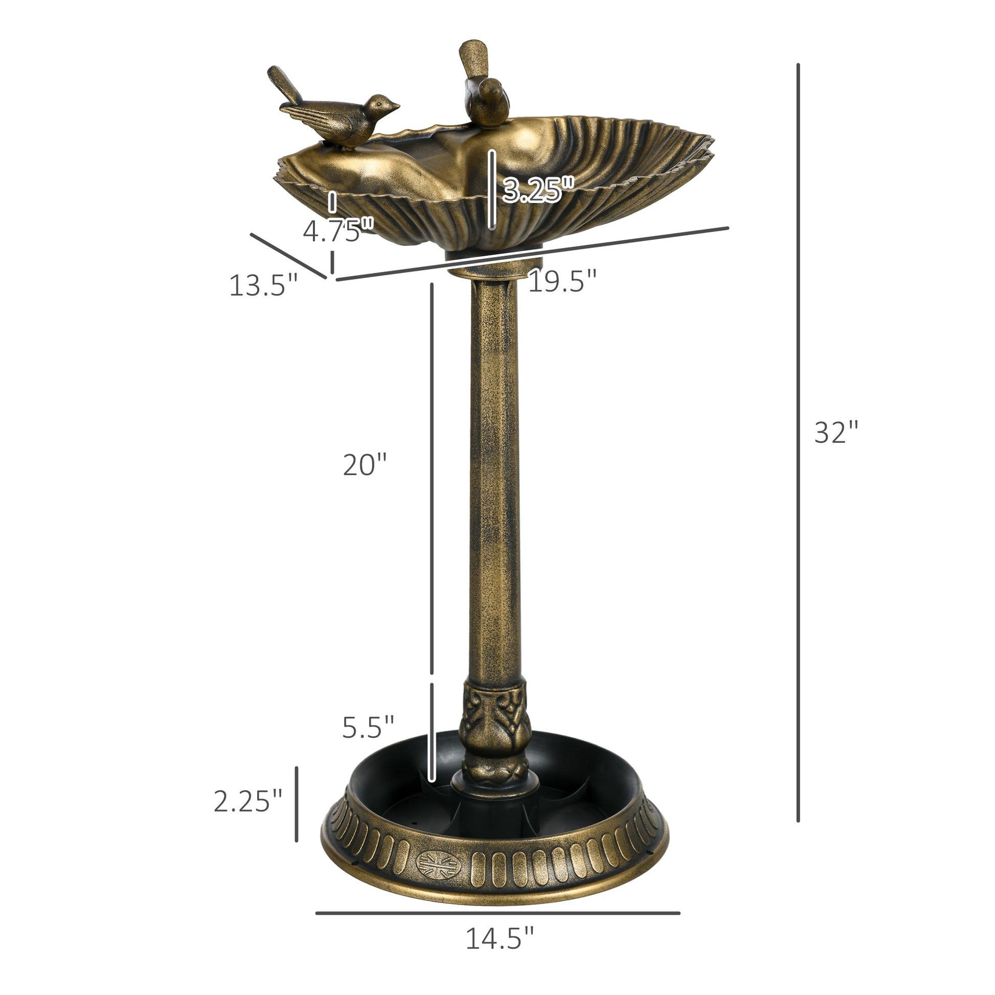 Outsunny 32" Antique Bird Bath With Pedestal Flower Planter Base, Vintage Style Decorative Birdbath, Bird Feeder Bowl & Planter Decoration Yard Statue, Bronze Bronze Polypropylene