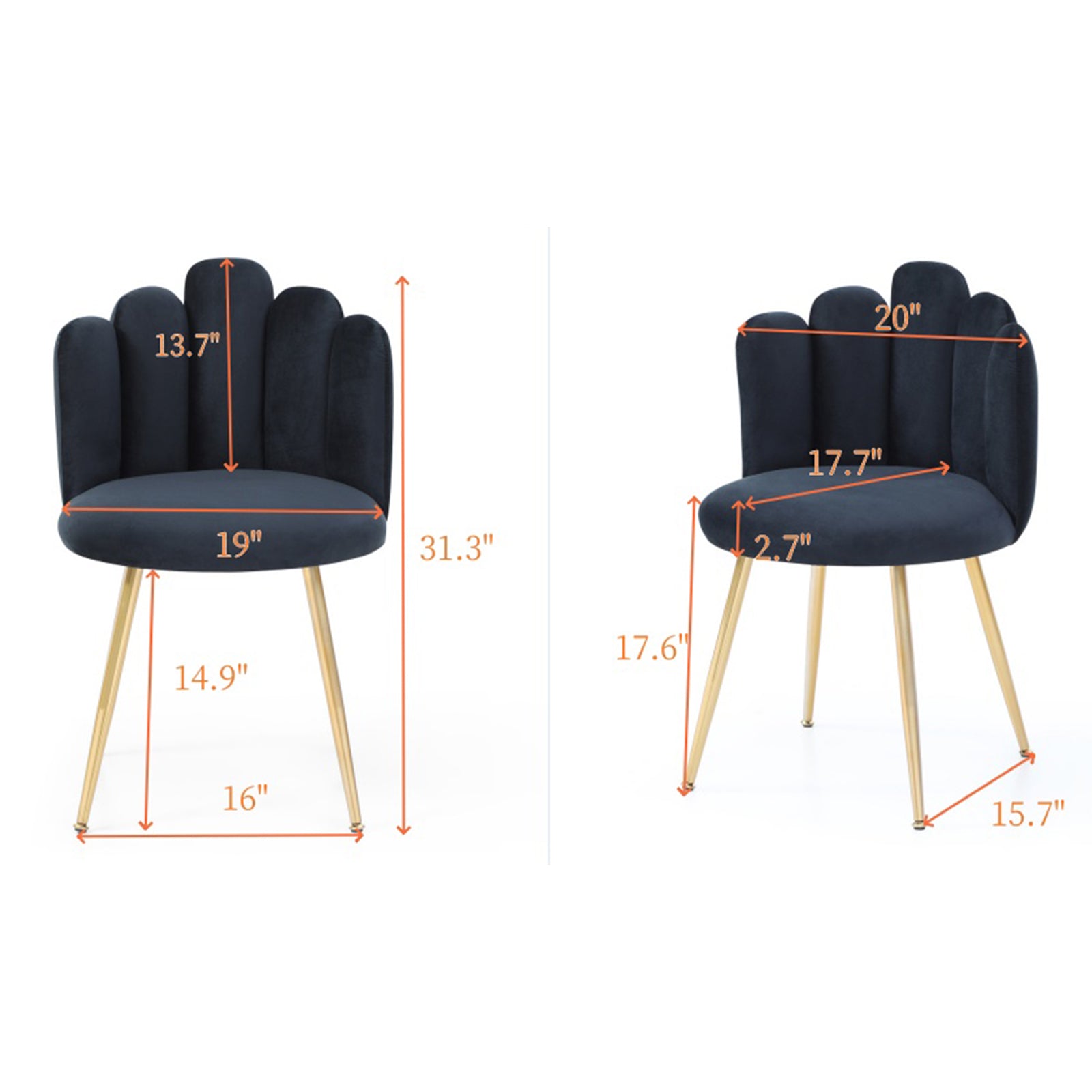 Modern Velvet Dining Chairs Set Of 2, Upholstered Woven Dining Chair With Golden Metal Legs, Upholstered Dining Chairs For Dining Room, Kitchen, Vanity, Living Room Black Primary Living Space Foam Velvet