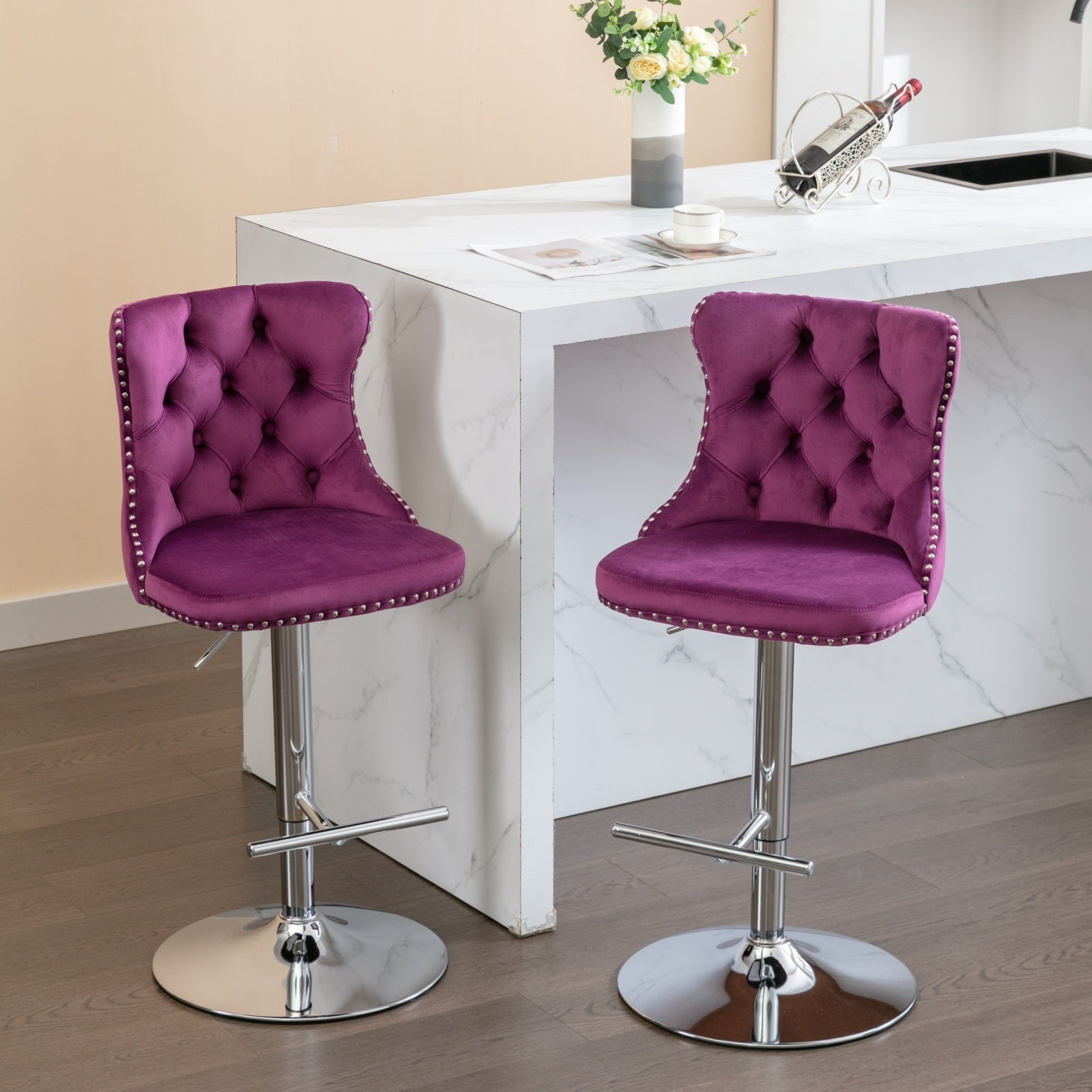 Swivel Velvet Barstools Adjusatble Seat Height From 25 33 Inch, Chrome Base Bar Stools With Backs Comfortable Tufted For Home Pub And Kitchen Island, Purple,Set Of 2,1712Pp Purple Dining Room American Design Foam Velvet