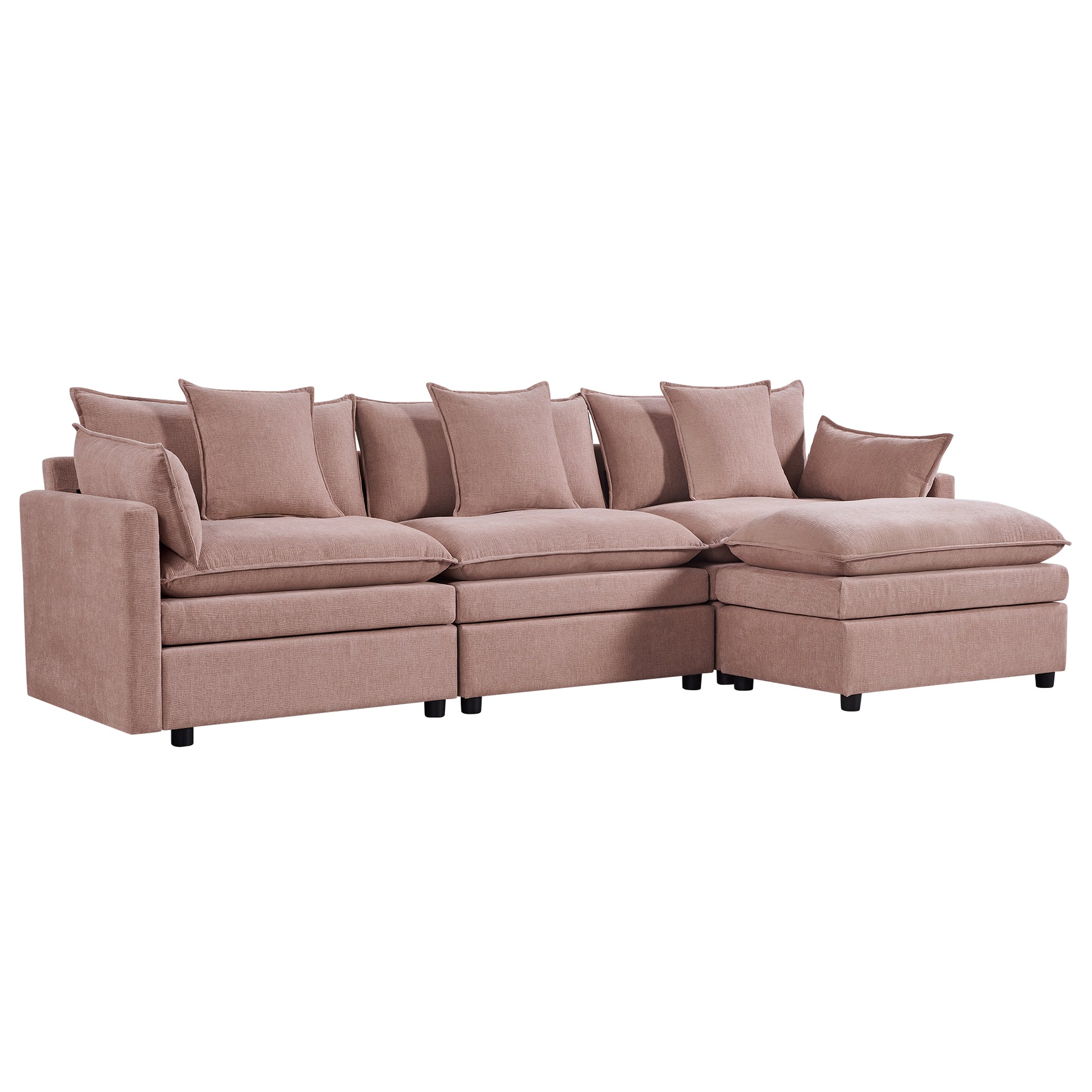 108.66"Modern Chenille L Shaped Sectional Sofa With Convertible Chaise, Comfy Cloud Couch Deep Sectional Sofa With Ottomans For Living Room Pink Wood Foam Chenille 3 Seat