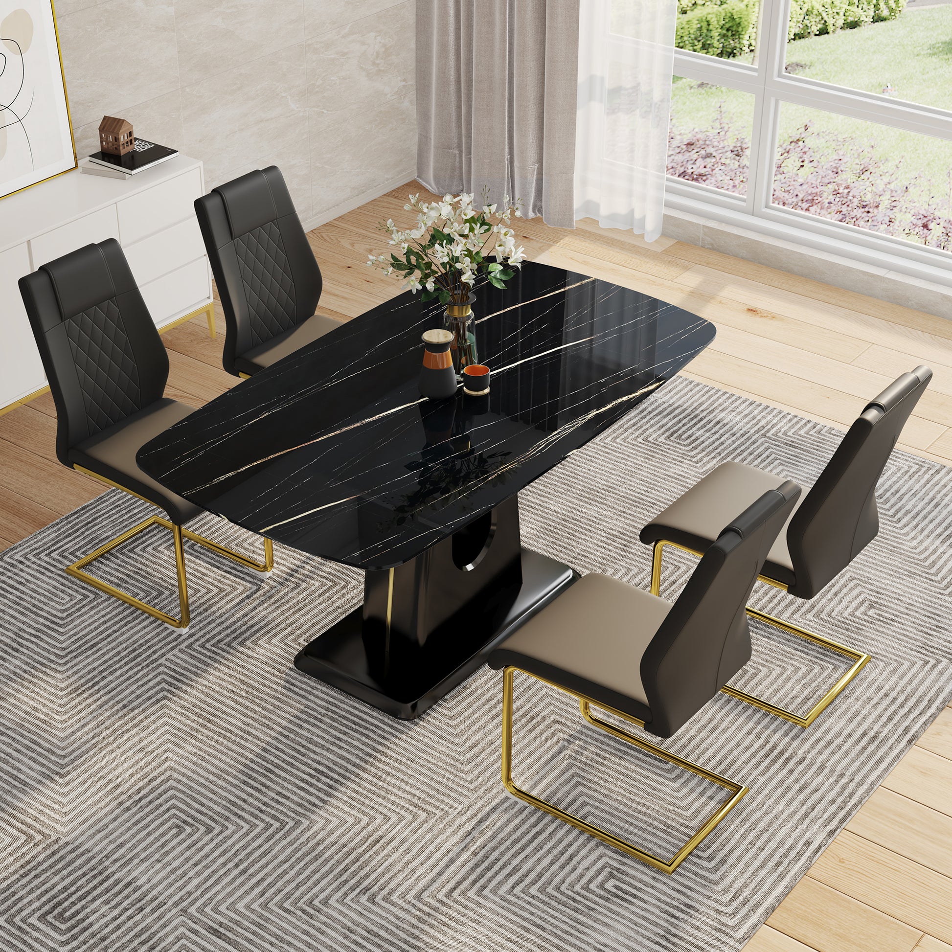 Table And Chair Set, Minimalist Dining Table, Imitation Marble Patterned Glass Tabletop, Mdf Legs With U Shaped Brackets. Paired With Comfortable Chairs, Suitable For Dining And Living Rooms. Black Gold Mdf Glass